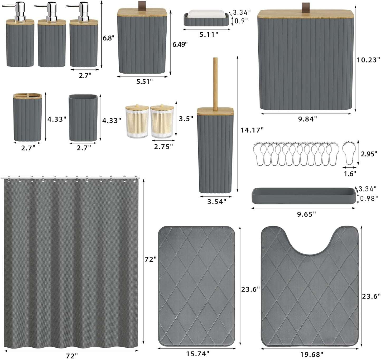 Bathroom Accessory Set - Grey Bathroom Set, 27PC Bathroom Accessories Set, Bathroom Sets with Shower Curtain and Rugs, Mini Trash Can, Toilet Brush, Trash Can & Soap Dispenser