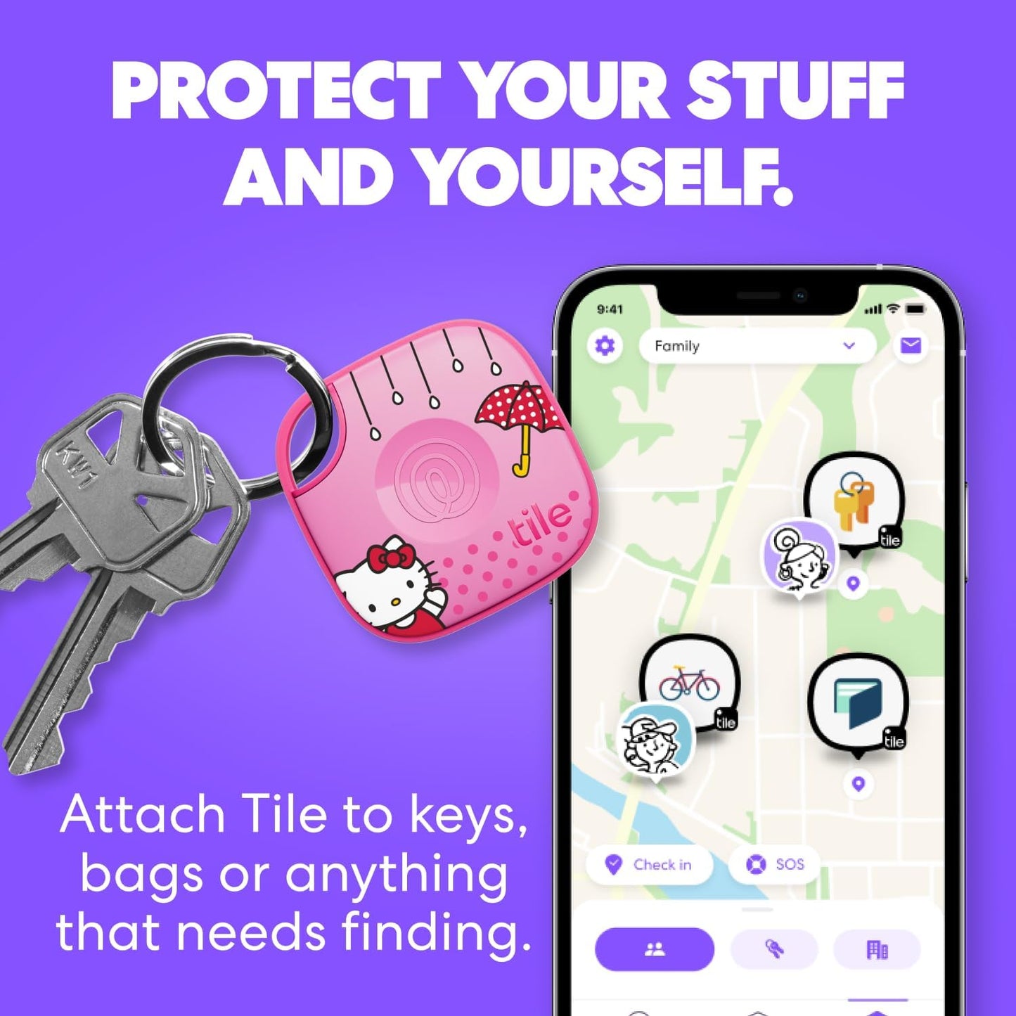 Tile by Life360 Starter Pack - Bluetooth Trackers and Item Finders for Keys, Wallets & More. Both iOS and Android Compatible. Phone Finder. 2-Pack, Mate/Slim (Tile x Hello Kitty: Rainy Day Adventures)