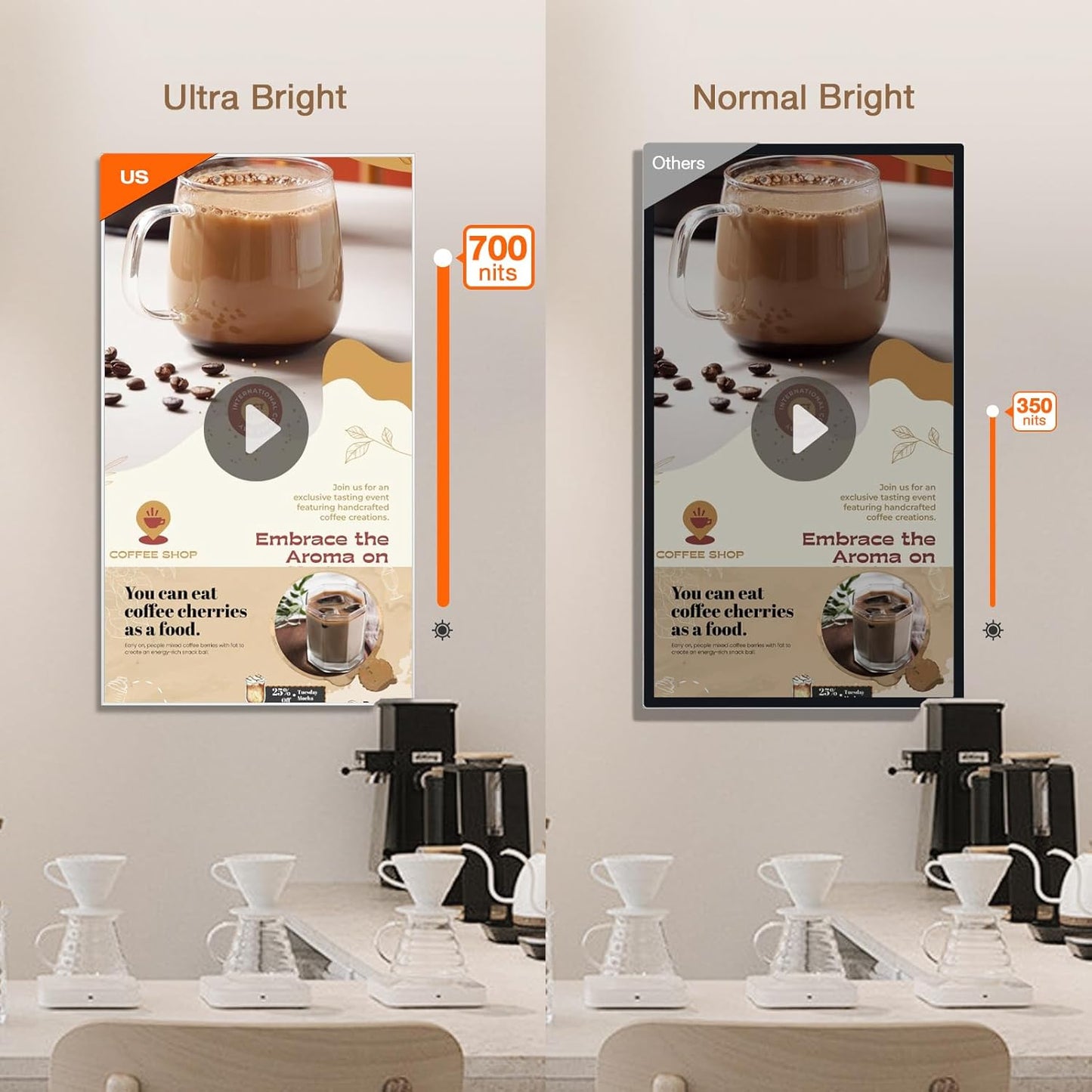75 Inch 4K UHD 500nits Wall Mount Digital Signage Slim Fit Frameless Commercial Display LCD Monitor Advertising Screen 4-64GB Android 11.0 with HDMI in