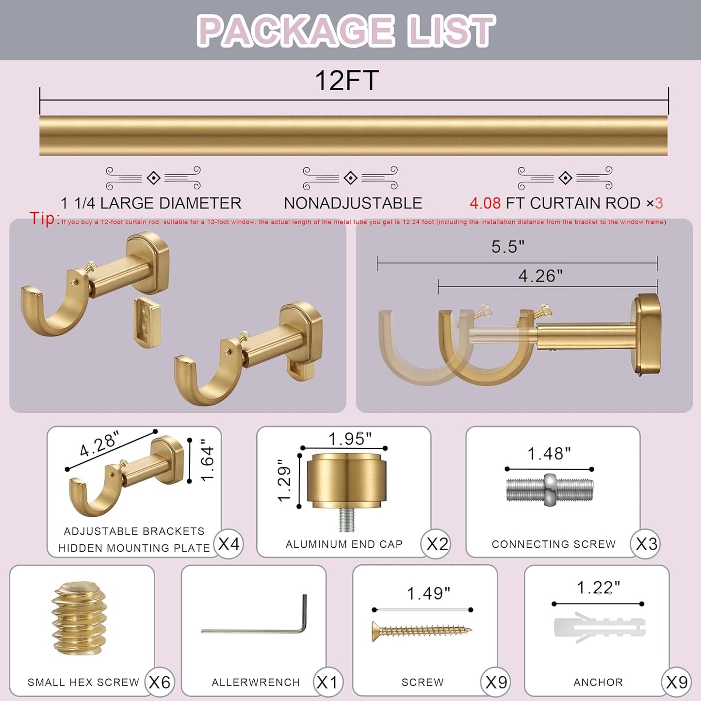 Heavy Duty Curtain Rods,1 1/4" Large Diameter Premium Nonadjustable Curtain Rod,144in/12ft Custom Window Treatment Rods with Durable Aluminum Brackets and End Caps,Gold Finish