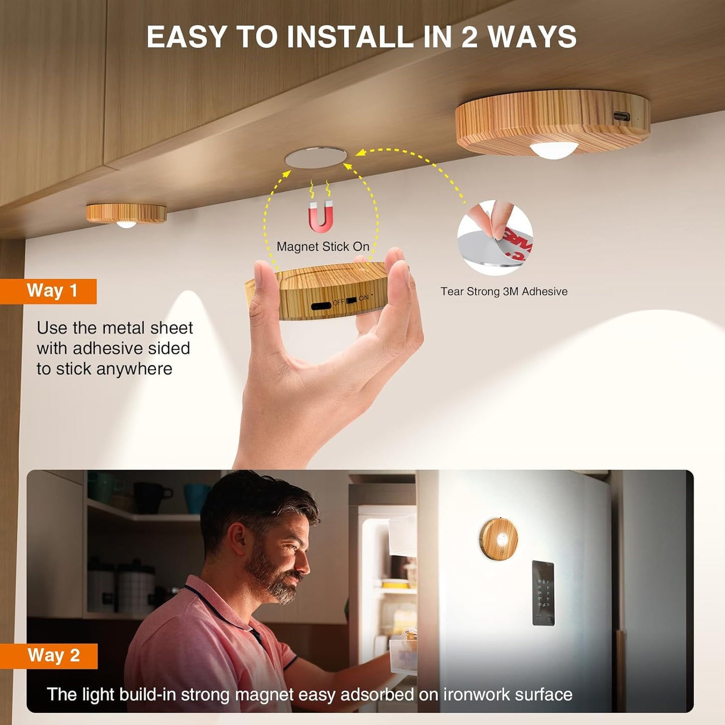 Puck Lights Cordless with Remote Control, 2200mAh Rechargeable Under Counter Lighting,3 Color Temperatures Dimmable Under Cabinet,Closet Light,Tap Light for Hallway (Wood, 5PCS)