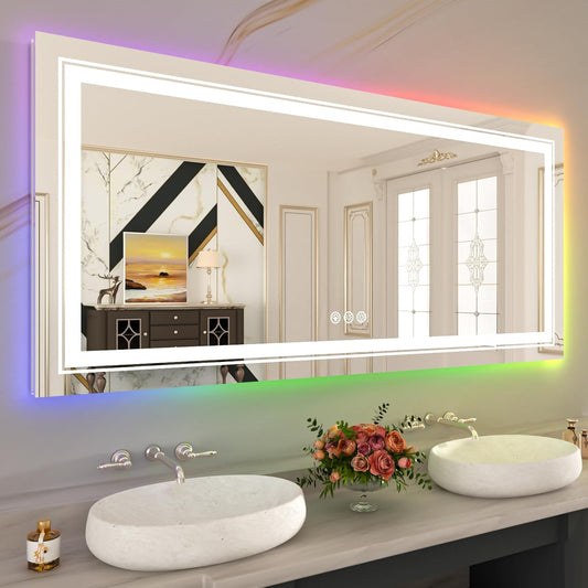 WTTY LED Bathroom Mirror 60"x36" with RGB Backlit and Front Light,Stepless Dimmable LED Mirror for Bathroom,Lighted Bathroom Vanity Mirror,Anti-Fog,Memory Function,Shatter-Proof,Wall Mounted