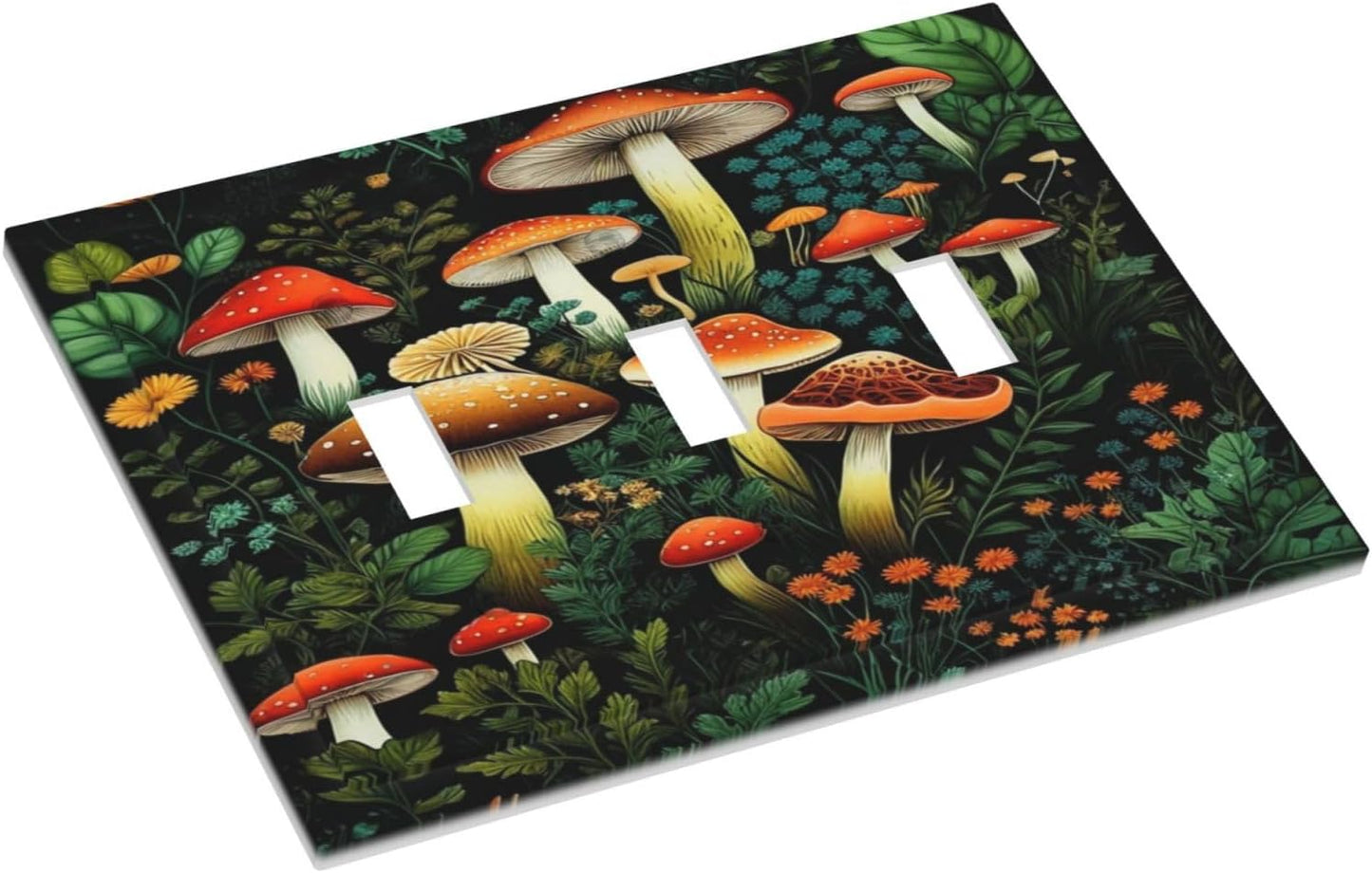 Decorative Light Switch Plate Covers Boho Red Mushroom Green Leaf Plants Floral 3 Gang Wall Plate Switch Cover Plate Triple Toggle Jumbo Electrical Faceplate for Bedroom Home Decor