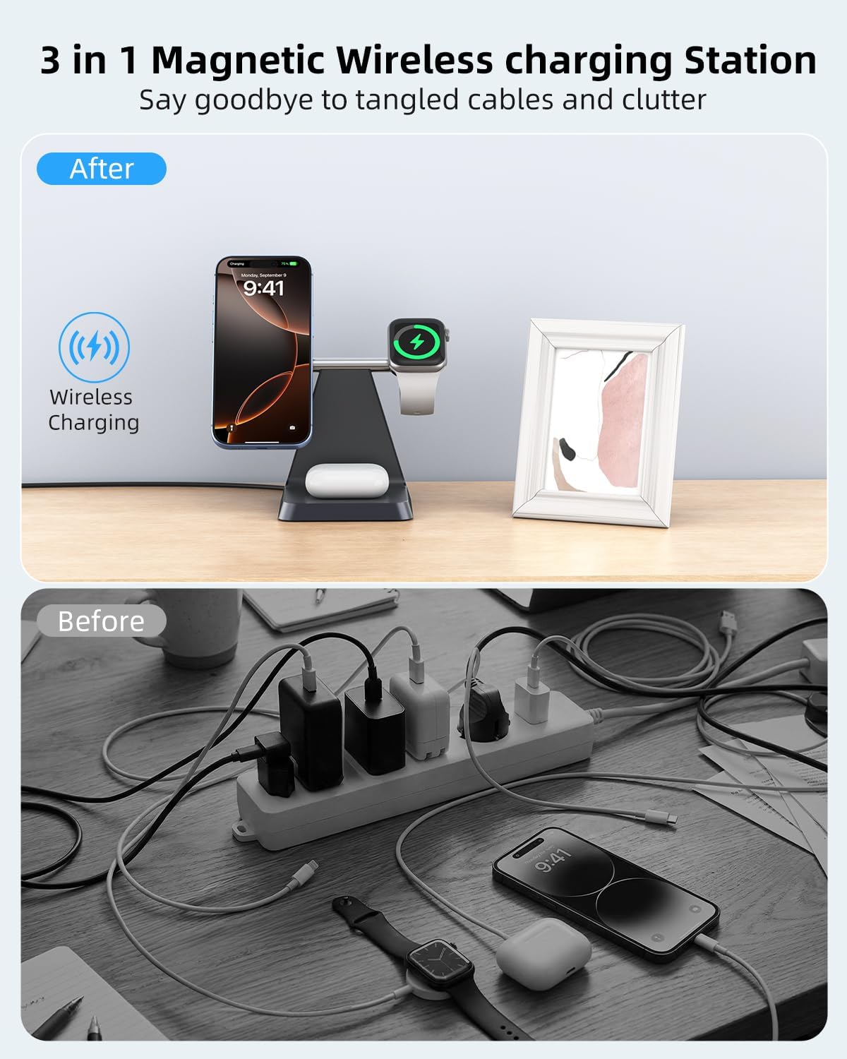 Charging Station for Multiple Devices Apple: 3 in 1 Magnetic Wireless Charger Stand for MagSafe-Compatible Nightstand Charging Dock for iPhone 17 16 15 14 13 12 Pro Max Plus Apple Watch Airpods