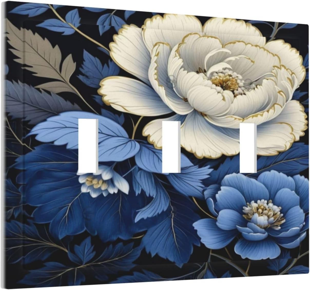 Blue White Flowers Light Switch Covers 3 Gang Triple Toggle Wall Plate Decorative Switchplate Electrical Faceplate for Farmhouse Living Decor