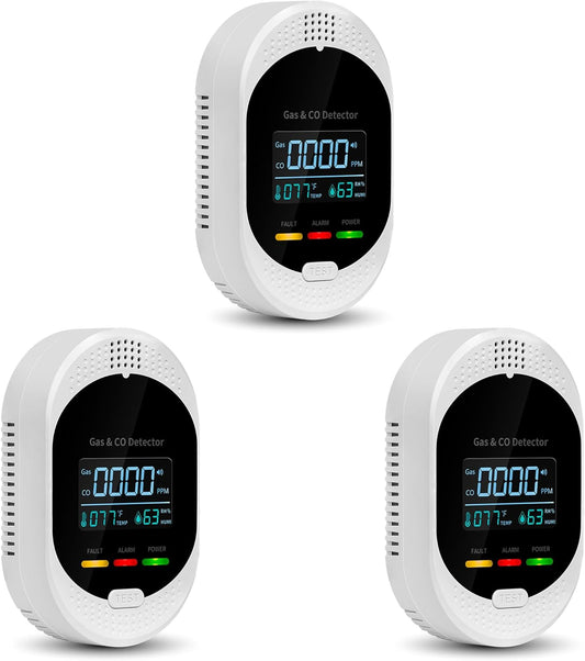 3PCS 4-in-1 Carbon Monoxide & Natural Gas Detectors with Temperature/Humidity LCD Display, Plug in Co Leak Detector Propane Monitor for Home Travel RV Essentials, Sound Alarm Over 85dB