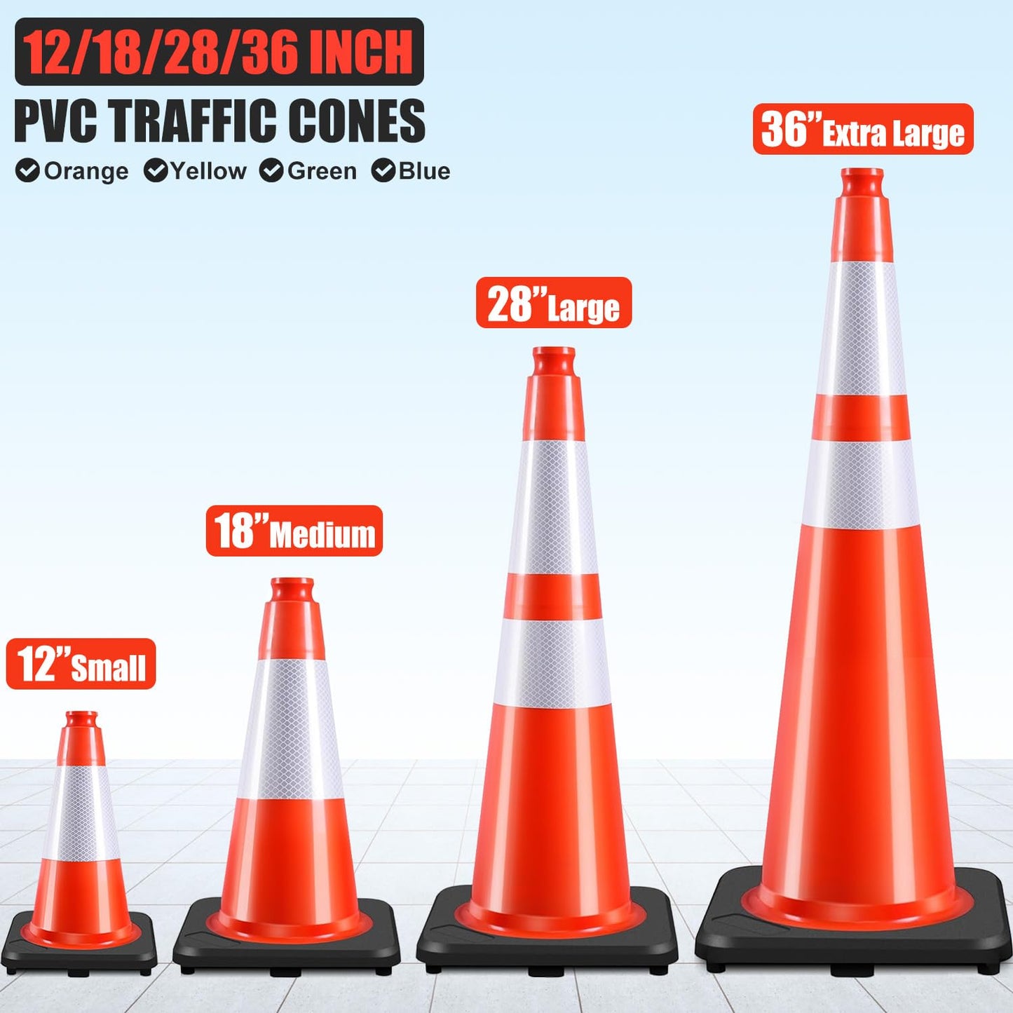 6 Pack 18" Inch Orange PVC Traffic Cones with Heavy-Duty Base, High-Visibility All-Weather Safety Cones for Road Construction, Parking Lot, and Garage Use (6, Orange, 18" Medium)
