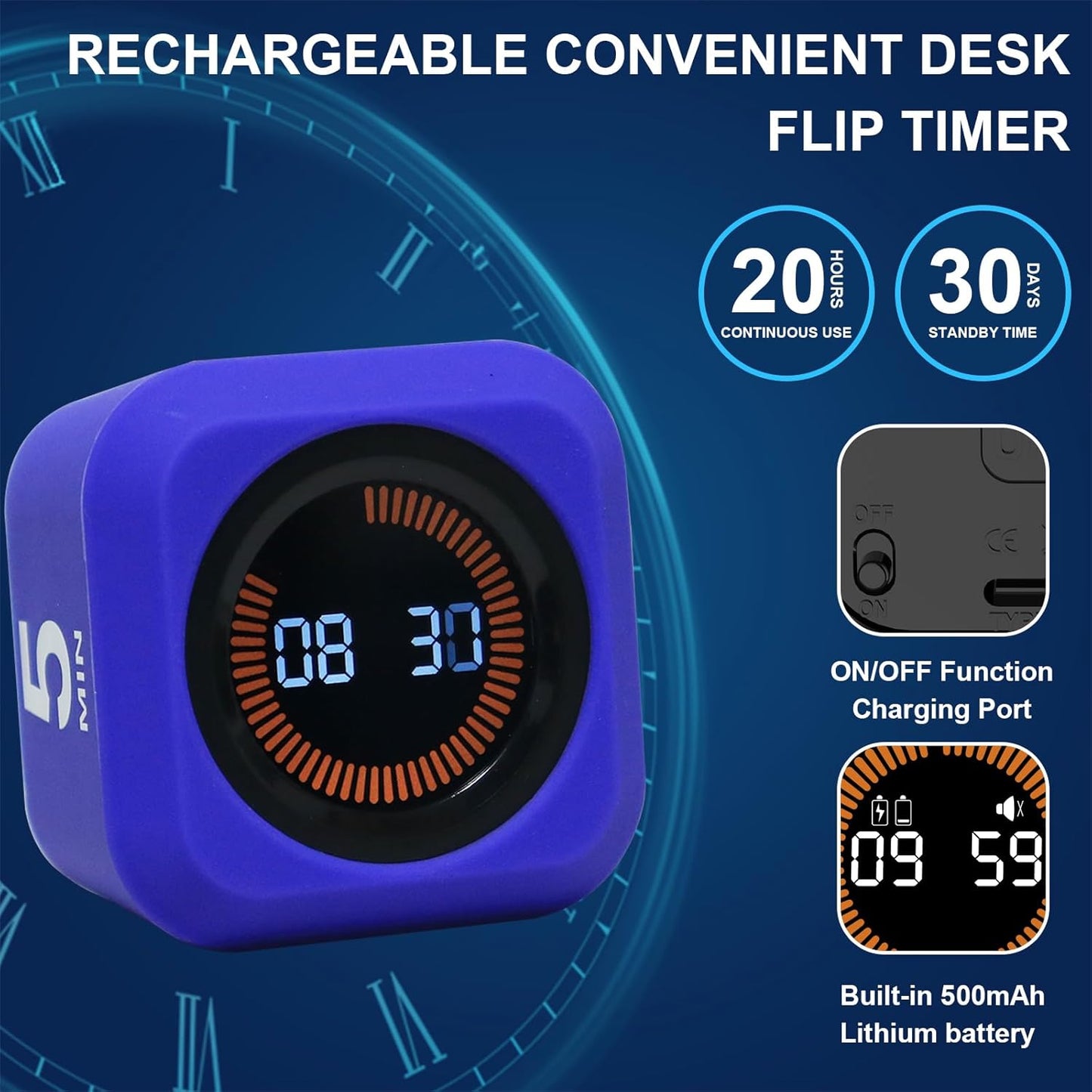 Rotating Cube Visual Pomodoro Timer 5, 25, 10 50 Minutes Preset + Custom Countdown, Rechargeable Desk Productivity Flip Timer with Detachable Silicone Cover for ADHD Study Work Kitchen School (Black)