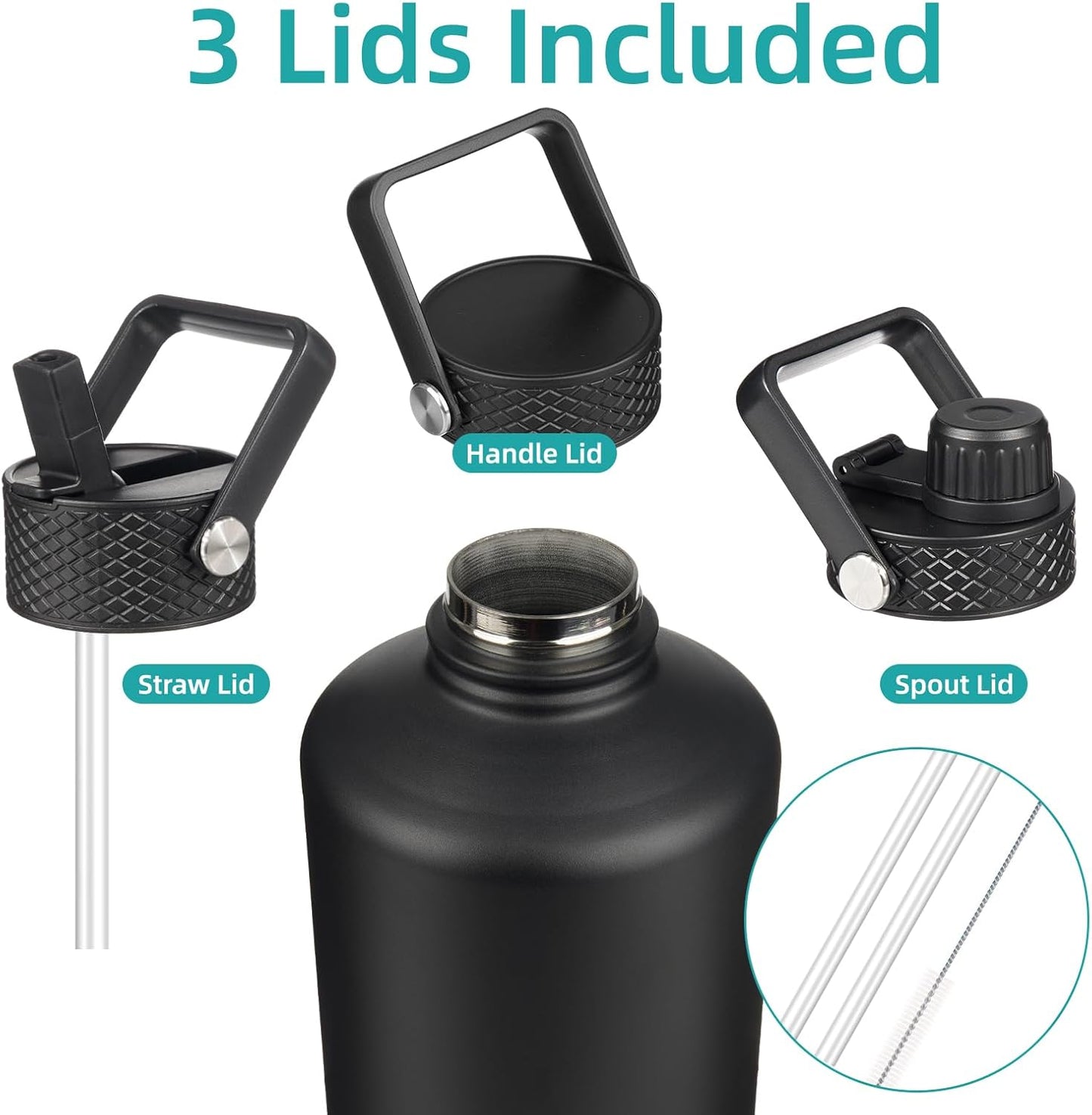 Gallon Insulated Water Bottle with Straw,128 oz 3 Lids Water Jug with Carrying Bag,Paracord Handle, Double Wall Vacuum Stainless Steel Metal Flask,Black