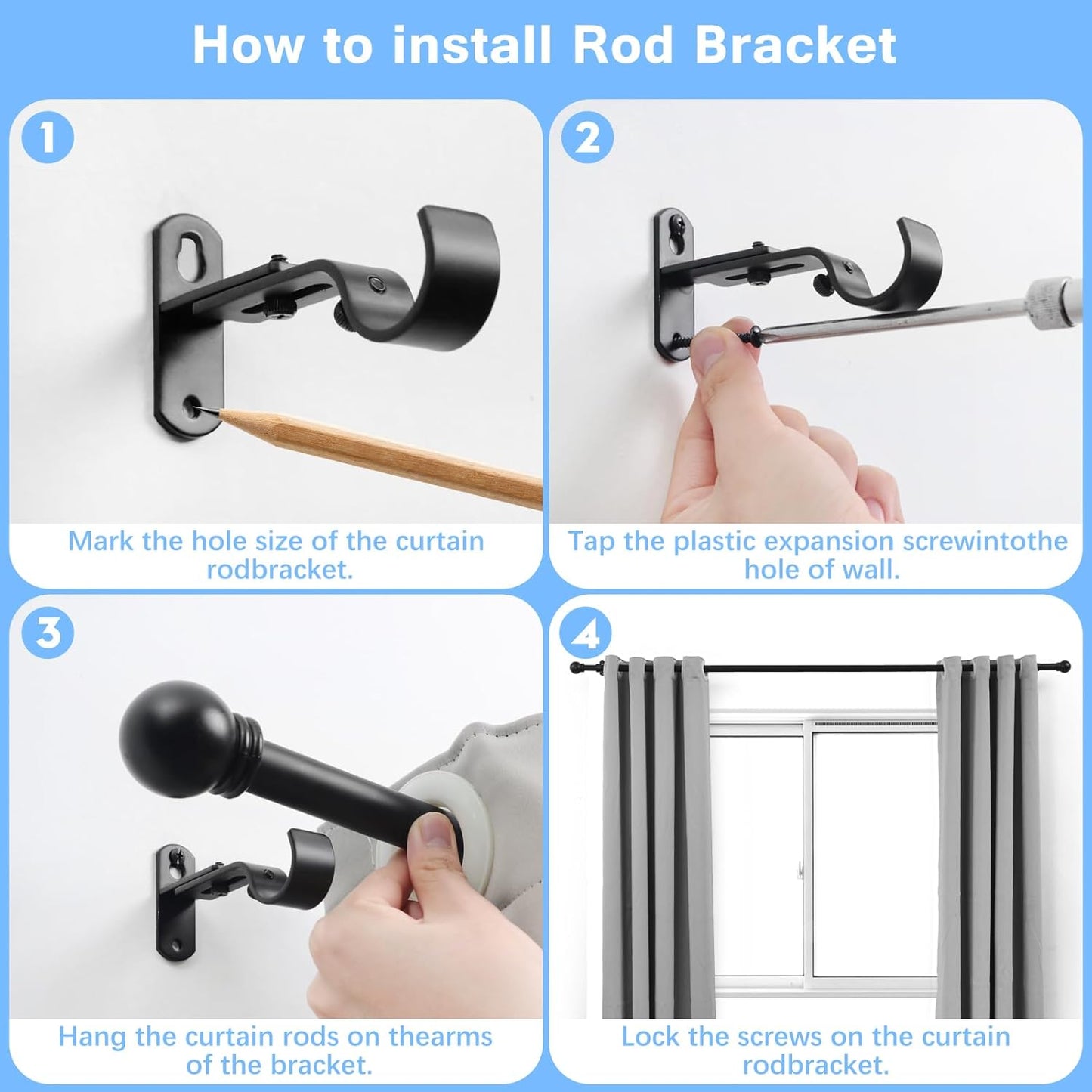 Curtain Rods for Windows 16 to 76 Inches, Curtain Rod Max Adjustable Length of 88 IN, 1" Diameter Drapery Rods Round Finials, Black, Pack of 1