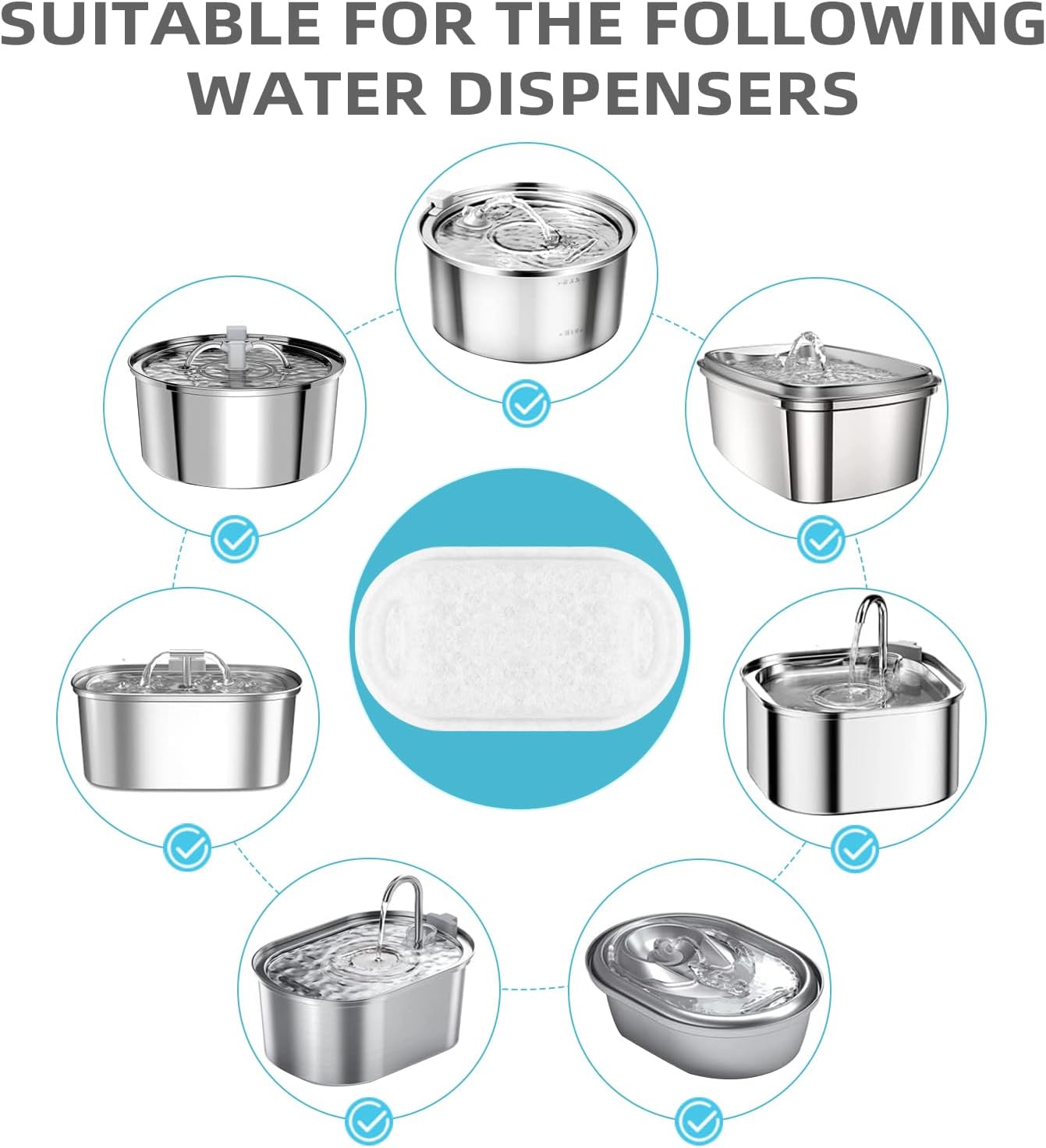 Cat Water Fountain Filter Compatible with Stainless Steel Dispenser, Efficient Filtration with Coconut Shell Activated Carbon and Fresh Water (4 Filters+4 Sponges)