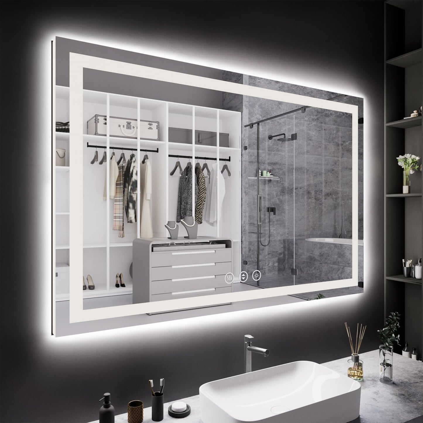 60X40 LED Bathroom Mirror with Lights, Anti-Fog, Backlit + Front Lit, Lighted Bathroom Vanity Mirror for Wall, Memory Function, Dimmable, Tempered Glass, Shatter-Proof
