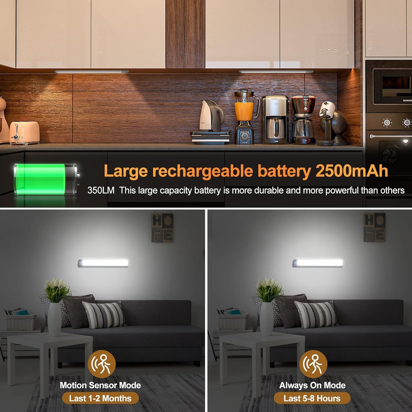 2 Pack 54LED Under Cabinet Lights, 12.5 Inch Wireless Motion Sensor Light with 2200mAh USB-C Rechargeable Battery, Magnetic Mount for Kitchen, Closet & Stairs