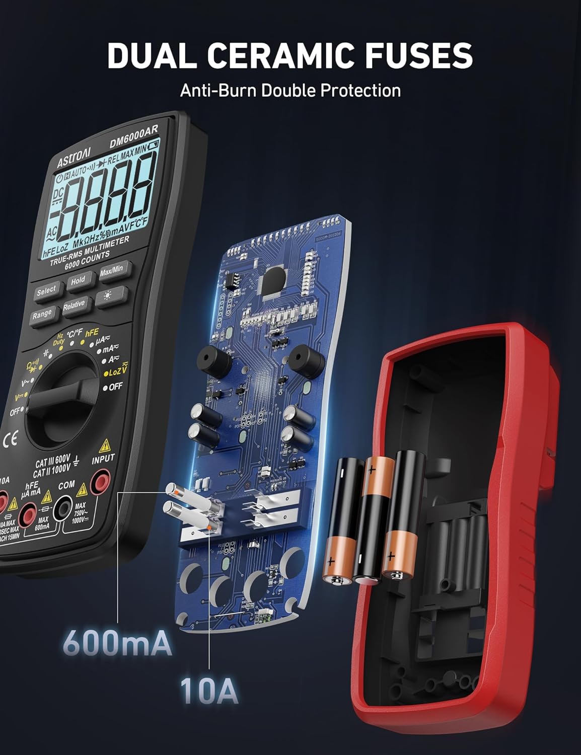 AstroAI Digital Multimeter TRMS 6000 Counts Volt Meter Ohmmeter Auto-Ranging Tester; Accurately Measures Voltage Current Resistance Diodes Continuity Duty-Cycle Capacitance Temperature, Black