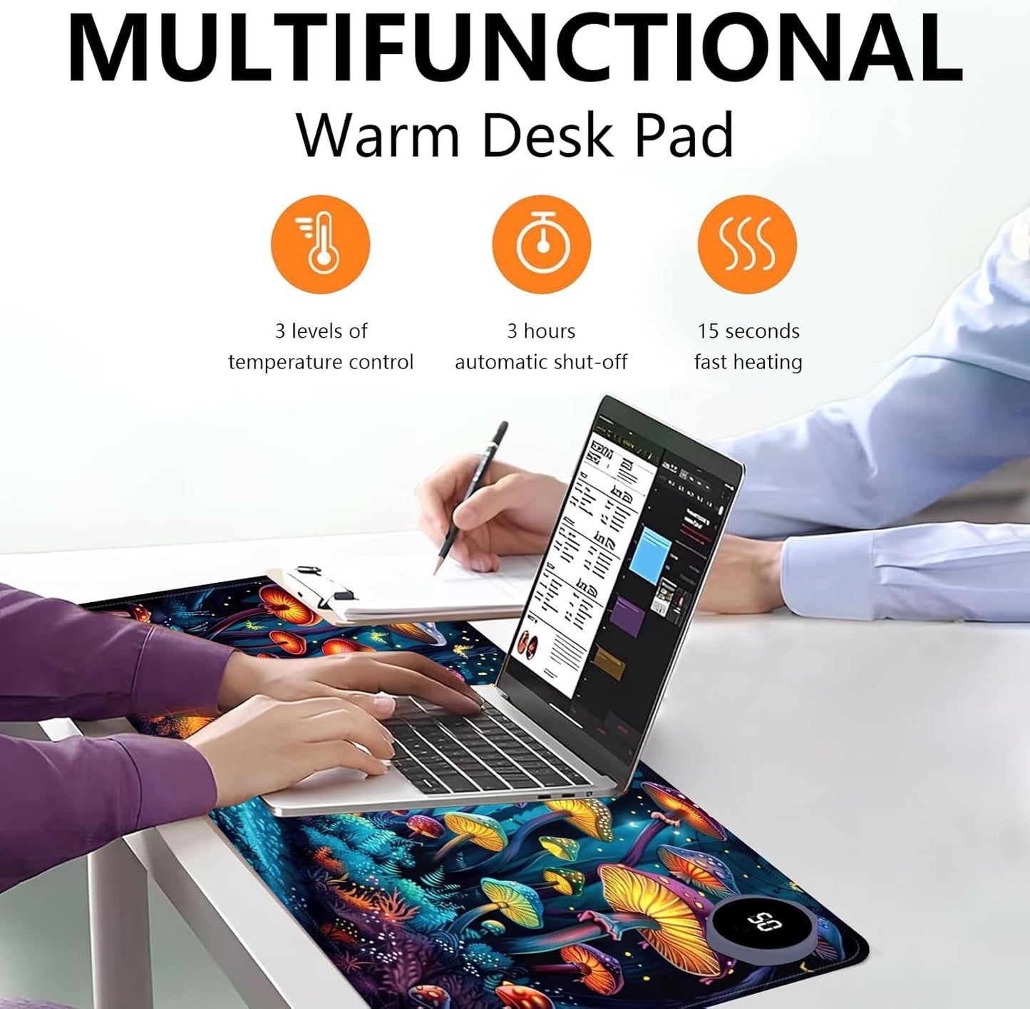 Heated Mouse Pad with 3 Levels Heated & 3 Hours Auto Shut-Off Mouse Pad for Warming Hands in Office Home, 31.5" x 13"Large Safe Desk Mat Hand Warmer，Forest Glowing Mushroom