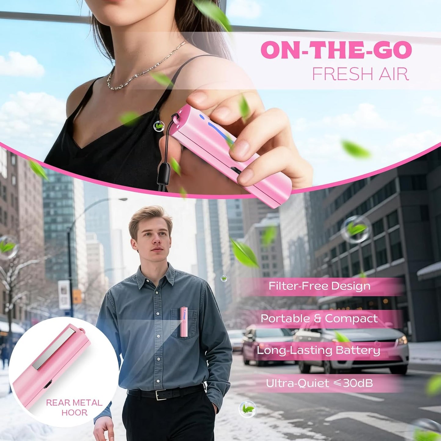 Wearable Mini Air Purifier – F6I Portable Personal Negative Ion Air Ionizer Helps Reduce Pollen, Dust & Odors, USB Rechargeable, Silent, Filter-Free for Home, Office or Travel, Pink