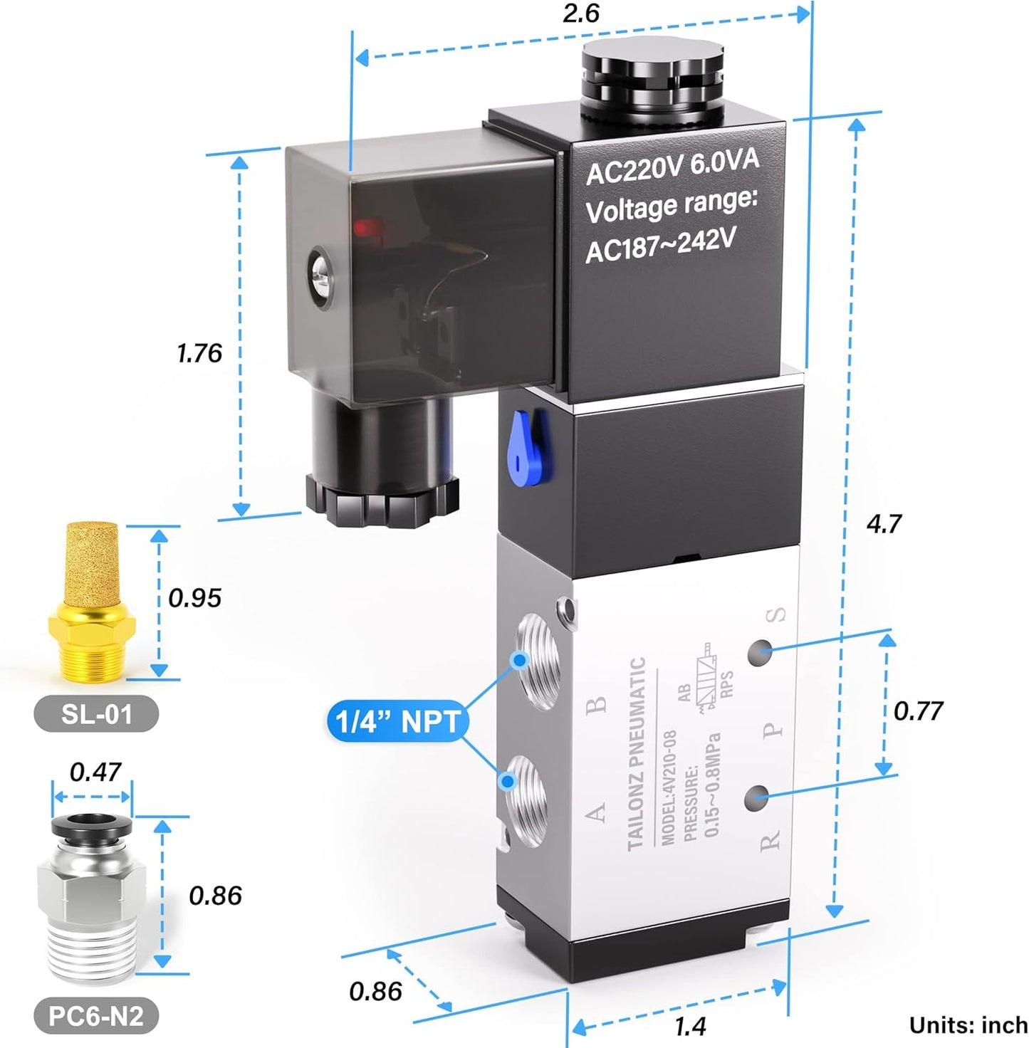 TAILONZ PNEUMATIC 1/4"NPT Solenoid Valve 4V210-08 AC220V Single Coil Pilot-Operated Electric 2 Position 5 Way Connection Type Junction Box