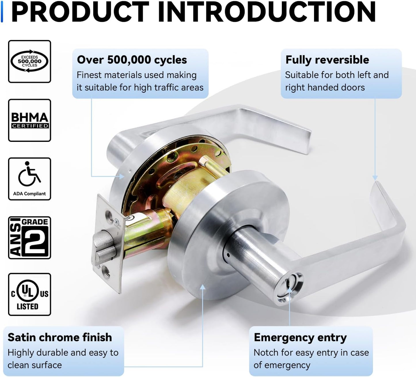 BSEED Passage Commercial Door Lever Lock, Heavy Duty Grade 2 Lever Handle, ADA Compliant, UL 3 Hour Fire Rated, Non-Handed, Satin Chrome Finish, 2-3/4" Backset for Hallway & Office Doors
