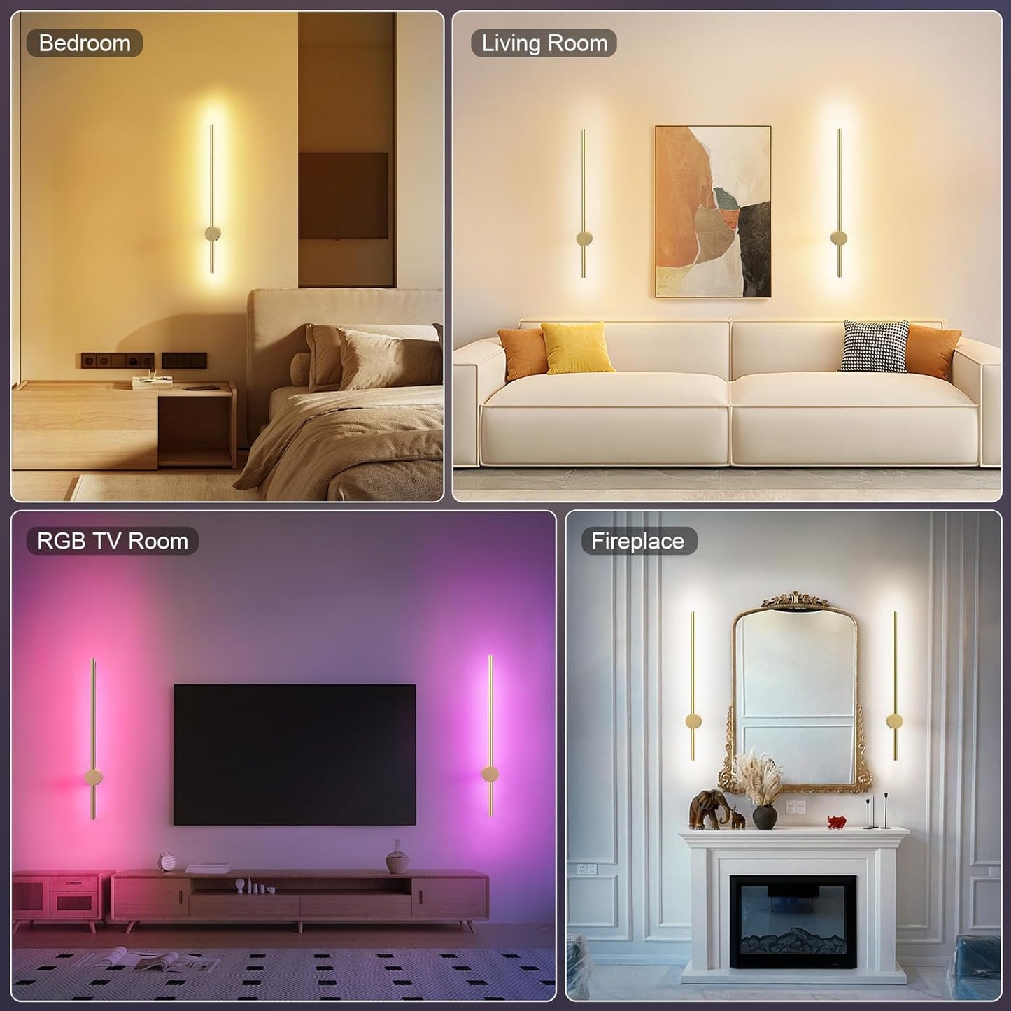 NIORSUN 24 Inch Battery Operated Wall Sconce Set of 2,Gold Minimalist Rechargeable LED Wall Lights with Remote, 10 Colors Dimmable Wireless Wall Lamp for Living Room Bedroom Hallway