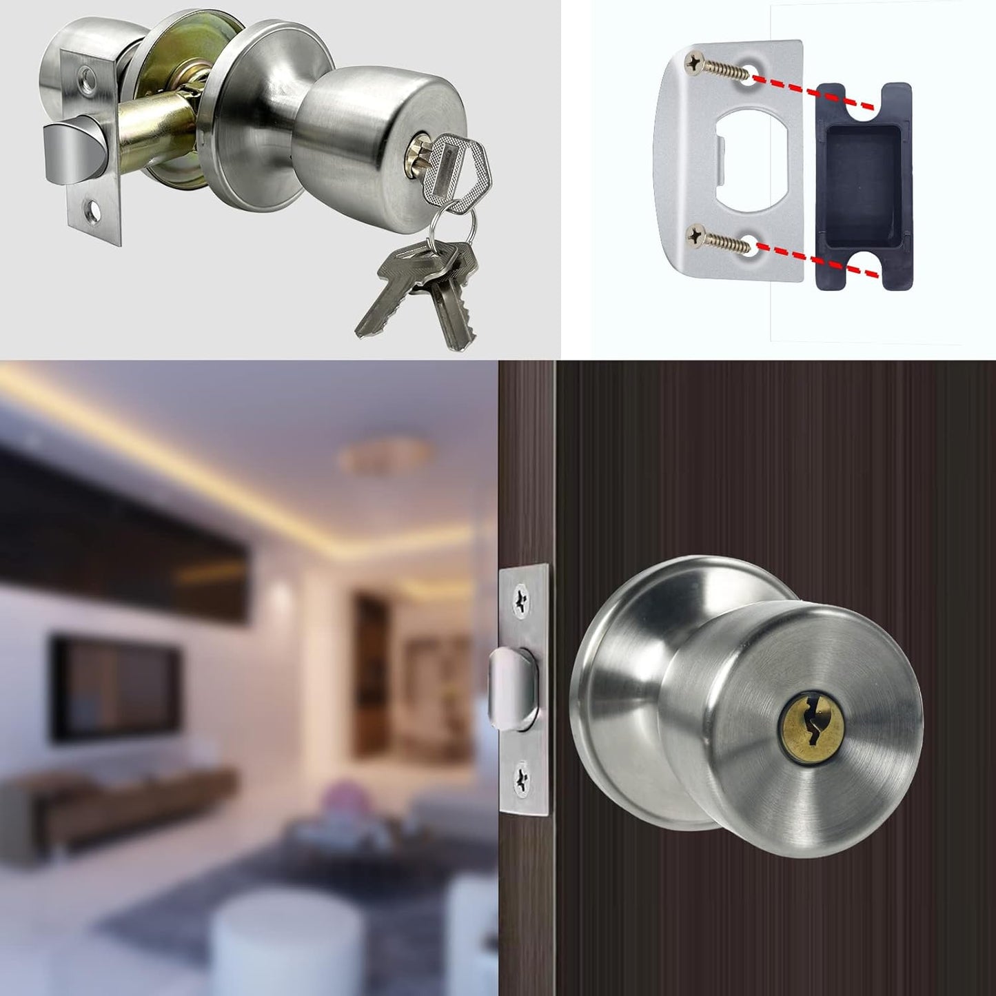 JO.KO Door Knob with Lock and Key, Round Ball Lock Interior/Exterior Door Knob for Bedroom Or Bathroom/Entry Door Handle (Stainless 2Pack)