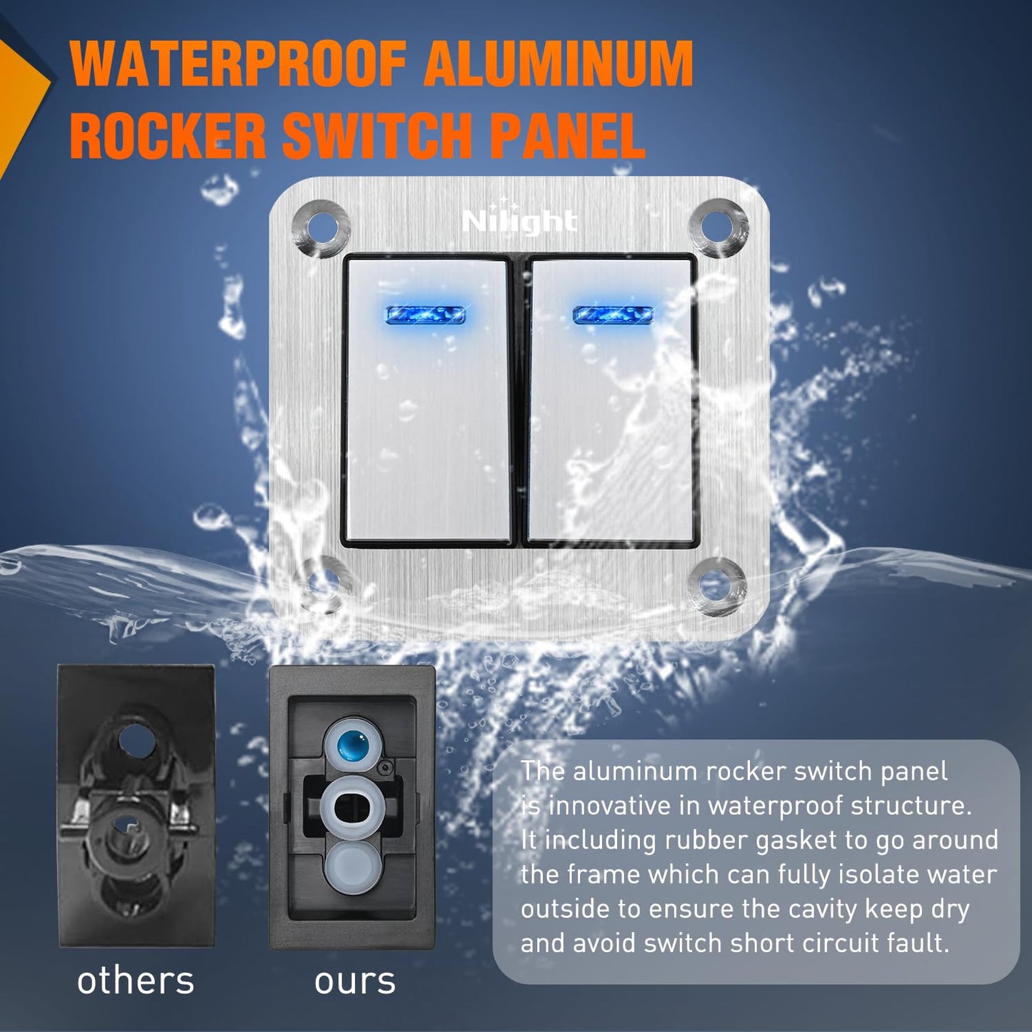 Nilight 2 Gang Rocker Switch Panel 3 Pin On Off Pre-Wired Blue LED Waterproof Aluminum with DIY Stickers for 12V 24V Automotive Cars Marine Boats UTV Truck Jeeps