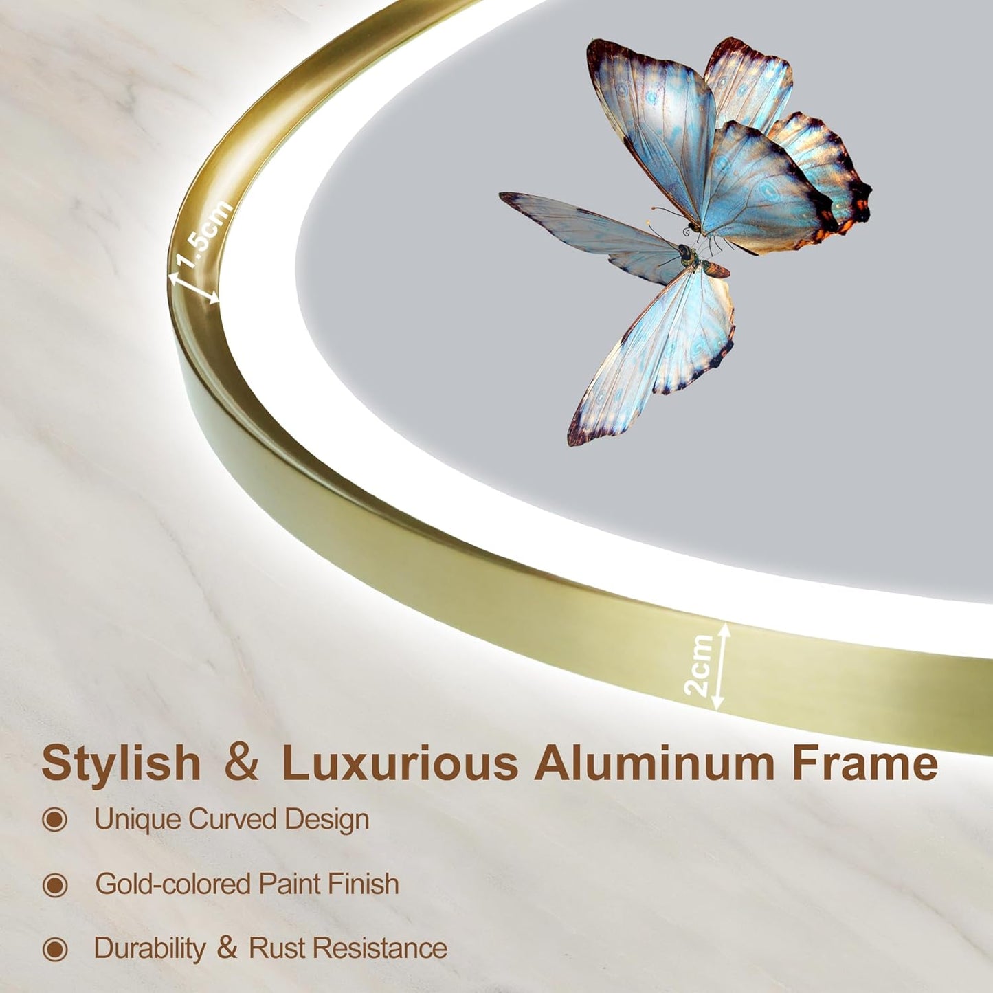 S'bagno Oval-Led-Bathroom-Mirror with Golden Frame Dimmable Brightness, Lghted-Bathroom-Mirror with Defogger, Touch-Buttons, Lights Color Changing, Vertical and Horizontal
