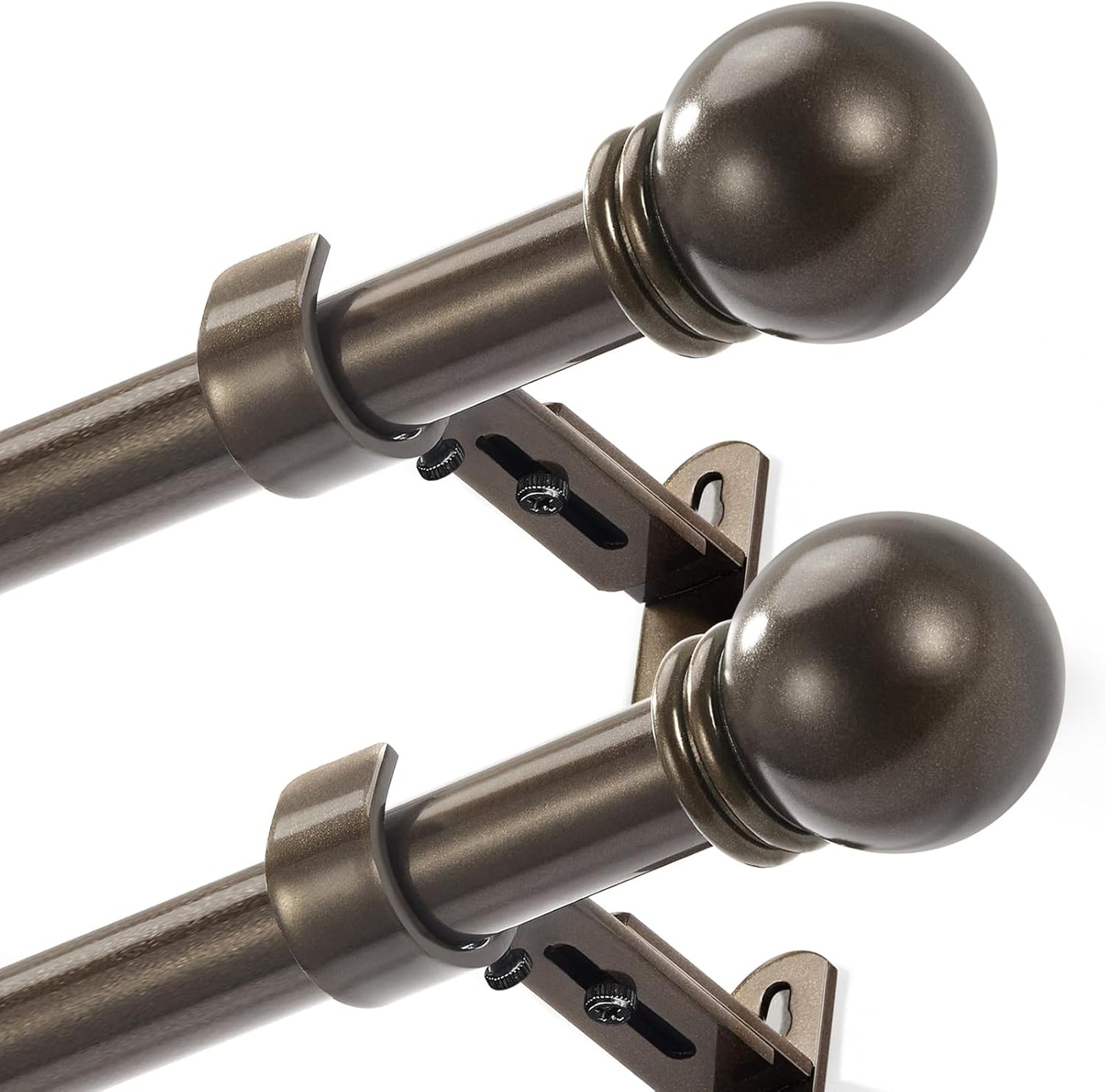 Curtain Rods for Windows 16 to 48 Inches, Curtain Rod Max Adjustable Length of 60 IN, 1" Diameter Drapery Rods Round Finials, Brown, Pack of 2