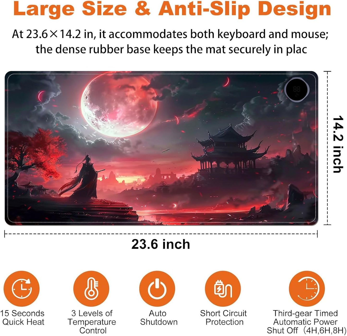 Small Heated Desk Pad 23.6" x 14.2" – Compact Electric Mouse Pad with 3 Heating Levels, Auto Shut-Off, Waterproof PU Surface, Plug-in Warmer for Office or Home Use, Bloody Moonlight