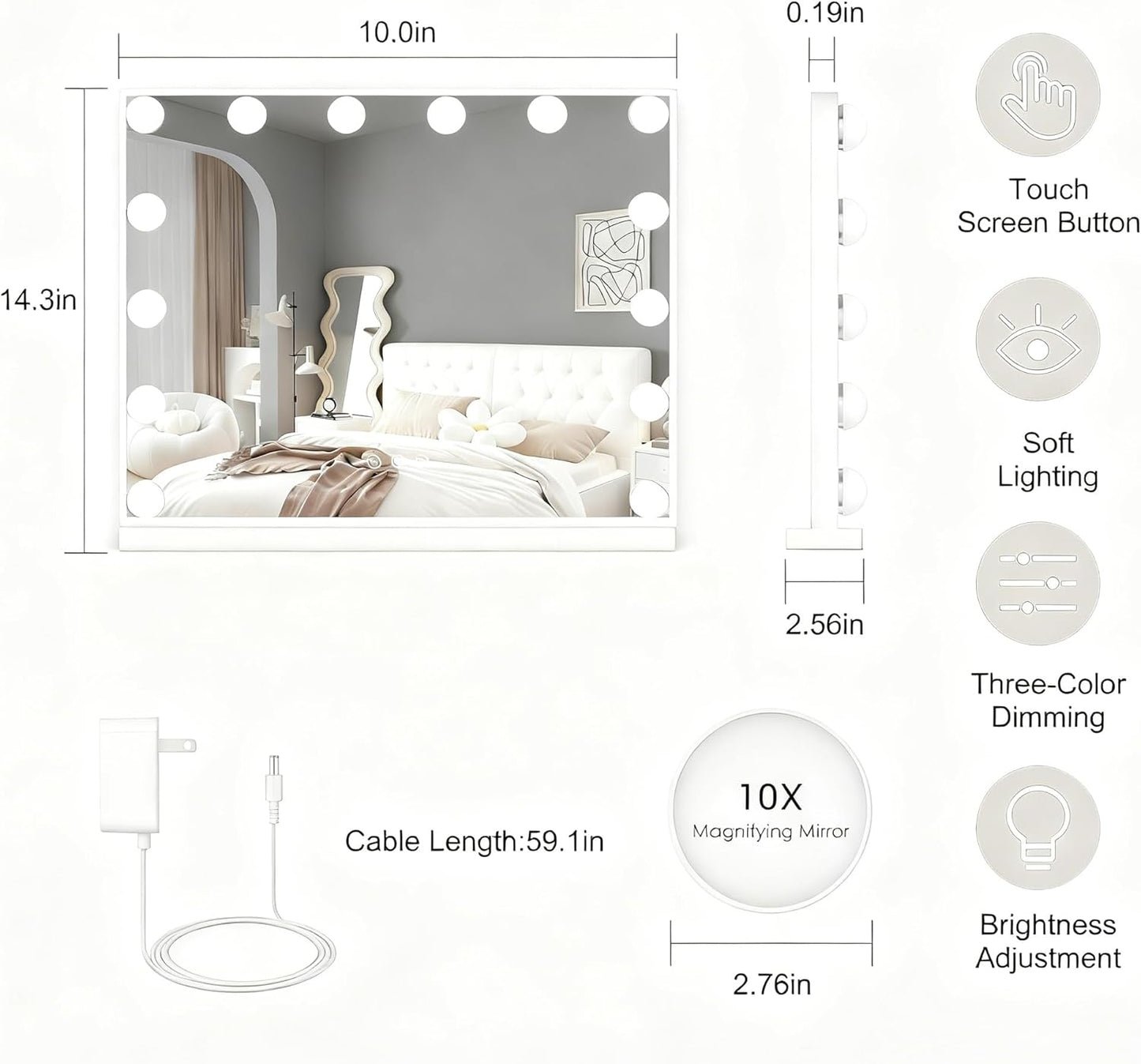 Lighted Vanity Mirror, Hollywood Style, 14.5 Inch LED Makeup Mirror, White/Black, Metal Frame, 10x Magnification, 3 Dimming Modes, Smart Touch Control (White)