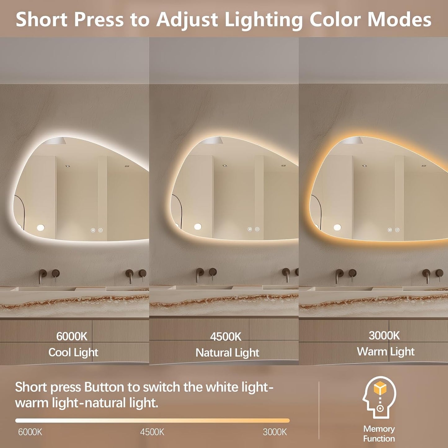 Niccy Irregular LED Bathroom Mirror, 30"x48" Asymmetrical Backlit Vanity Wall Mirrors, Frameless Lighted Mirrors for Bedroom, Living Room, Modern Smart-Mirror with Anti-Fog, Dimmable, Memory Function