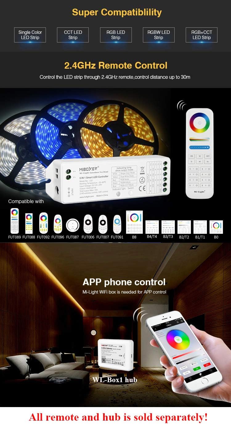 LGIDTECH LS2 LED Strip Lights 5 in 1 Controller,Compatible with Single Color,RGB,RGBW,WW+CW,RGB+CCT LED Strip Lights,Smartphone APP Control via Gateway(Excluded)