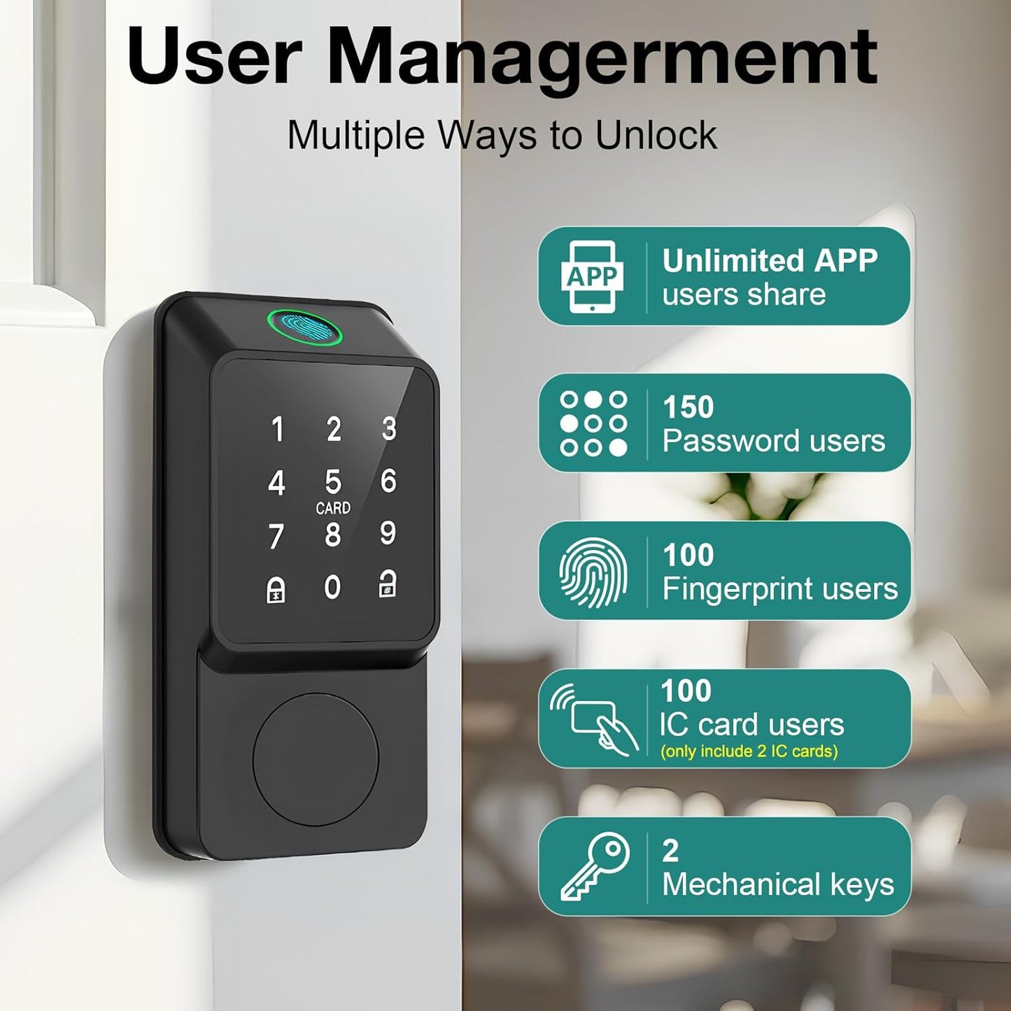 Smart Door Lock Keyless Entry with TTLock APP Fingerprint Touchscreen Keypad IC Card Key Type-C Charging Unlocking 6 in 1 Electric Biometric Digital Deadbolt for Front Doors Home Apartment