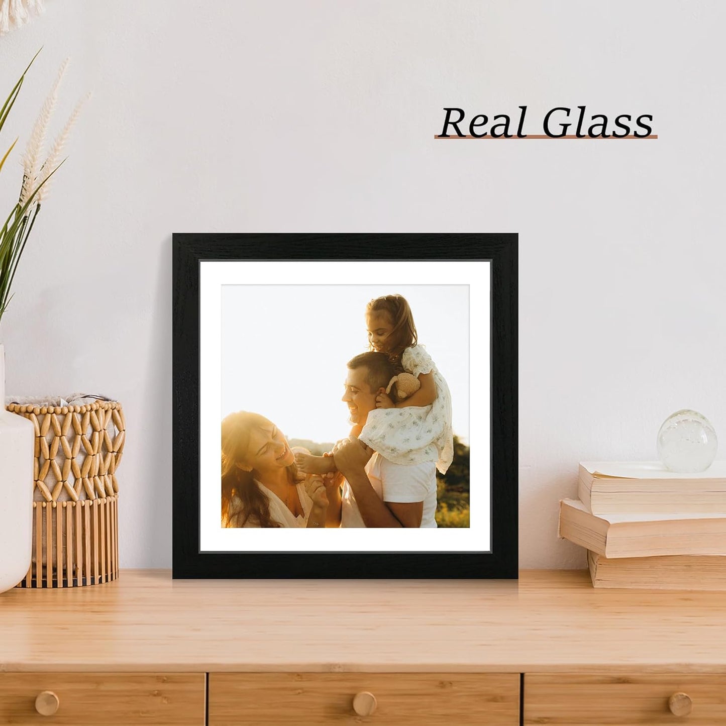 iRahmen 12x12 Picture Frame Set of 4 with Tempered Glass, Black Frame Display 10x10 Picture with Mat or 12 x 12 Without Mat, Wood Square Photo Frames for Desktop Display and Wall Mounting