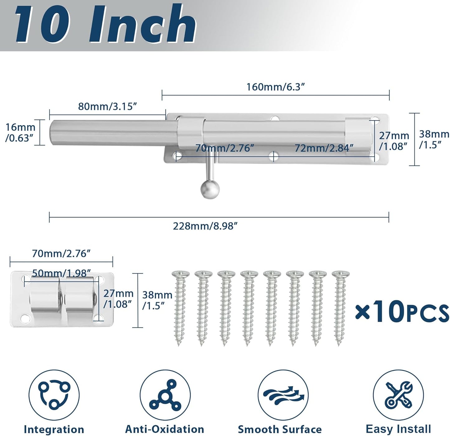 Alise 10 inch Barrel Bolt Latch, Slide Bolt Latch,Heavy Duty Solid SUS304 Stainless Steel Slide Lock for Wooden Fence,Barn Door,Interior or Outdoor Door Brushed Nickel MS9200-LS