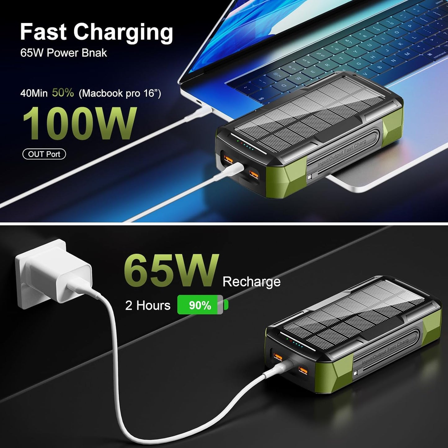 Solar Charger Power Bank 73200mAh, Portable Laptop Charger with 100W USB-C in/Output, Built-in Cables, Hand Crank Power Bank for Mobile Phones, Ideal for Outdoor Use with SOS/Strobe/Strong (green)