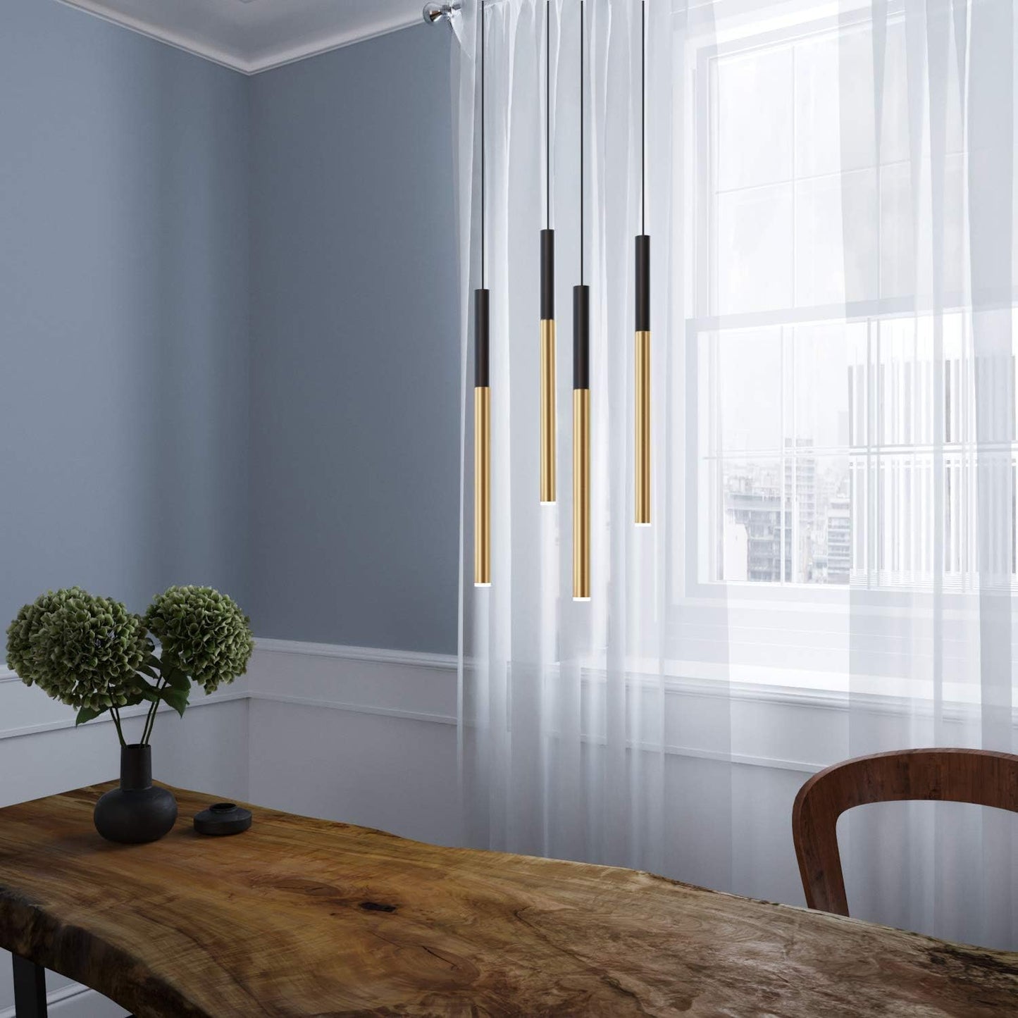 ALTAIR 4 Mini Pendant Lighting Black-Brass - LED Hanging Light Fixture for Kitchen Island, Bar, Foyer - Cluster Pendants - Dimmable, Adjustable Wire, Lamp Bulb Included