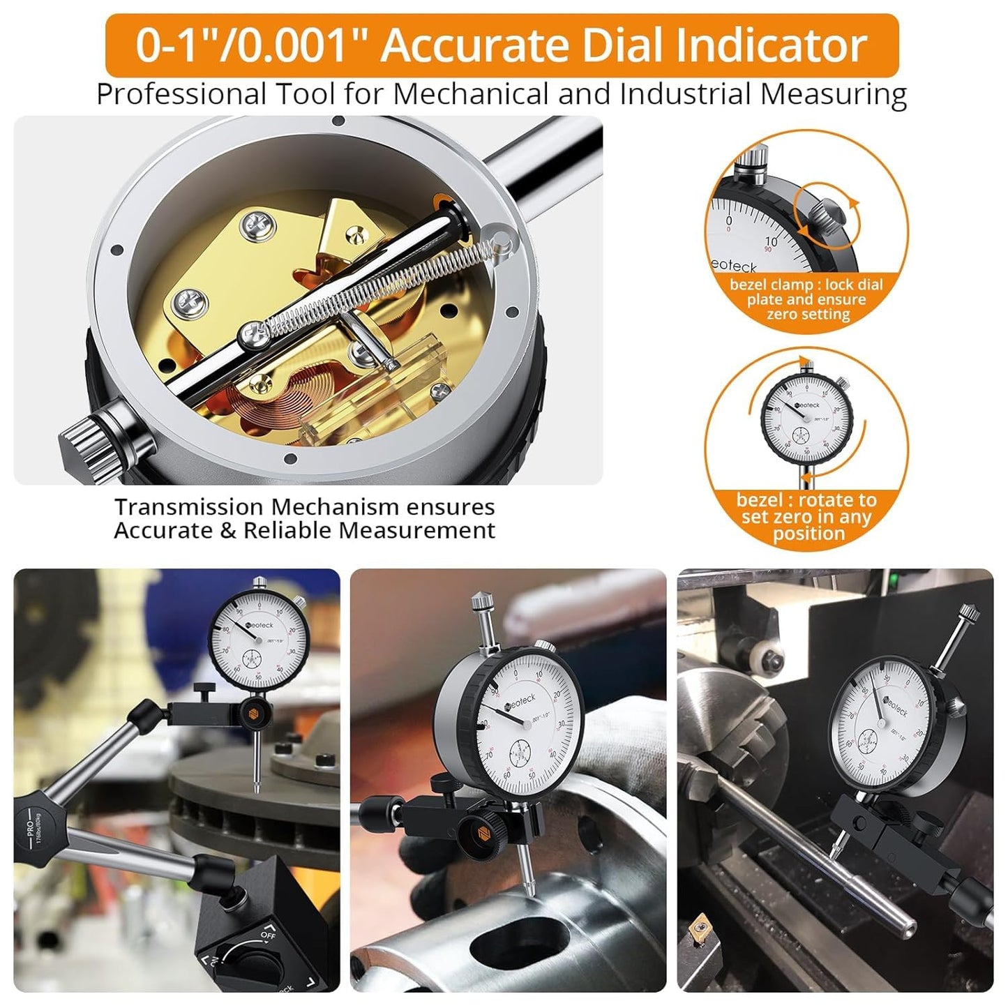 Neoteck 0-1 Inch Dial Indicator with Magnetic Base Holder, Storage Case, Graduation 0.001",176lbs (80kg) Max Pull, for 3D Printer Lathe Workshop Woodworking CNC Machine-Silver