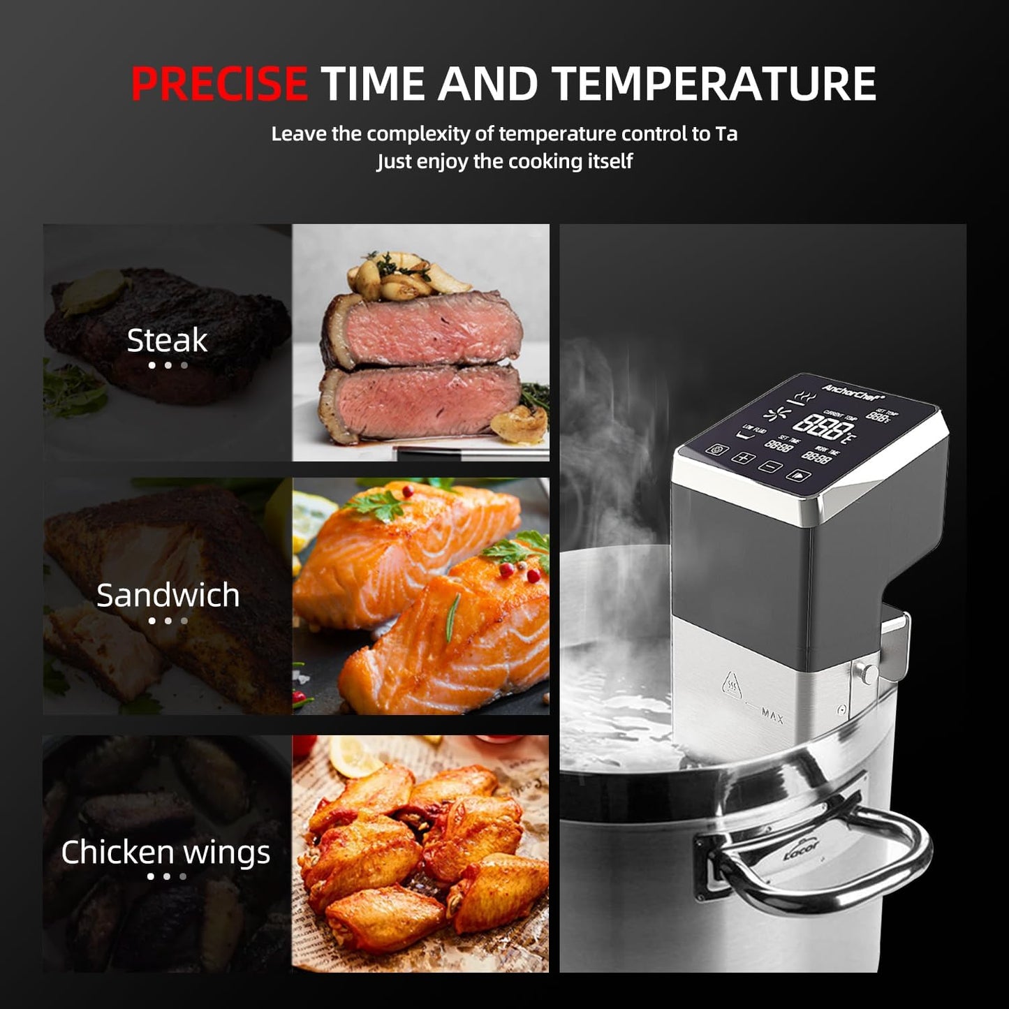 AnchorChef Immersion Circulator, Commercial Restaurant Sous Vide Machine，Large capacity sous vide, Fast-Heating，Sous vide cooker 1400W，With large Touchscreen Accurate Temperature Timer (120V)