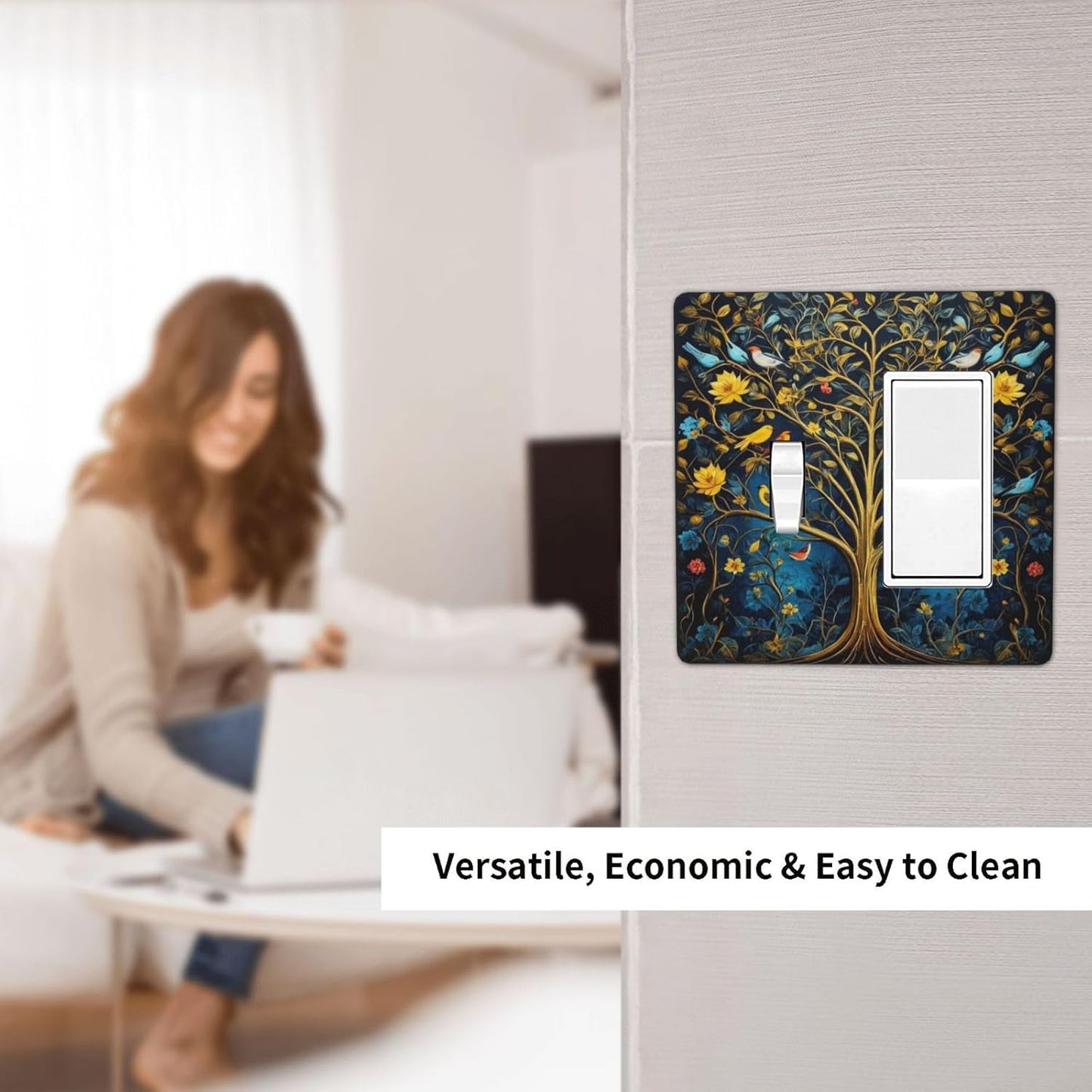 Gold Tree With Birds Flowers on Branches Light Switch Covers 2 Gang Single Toggle Rocker Combination Wall Plate Cover Electrical Faceplate Decorative Switchplate for Farmhouse Living Decor