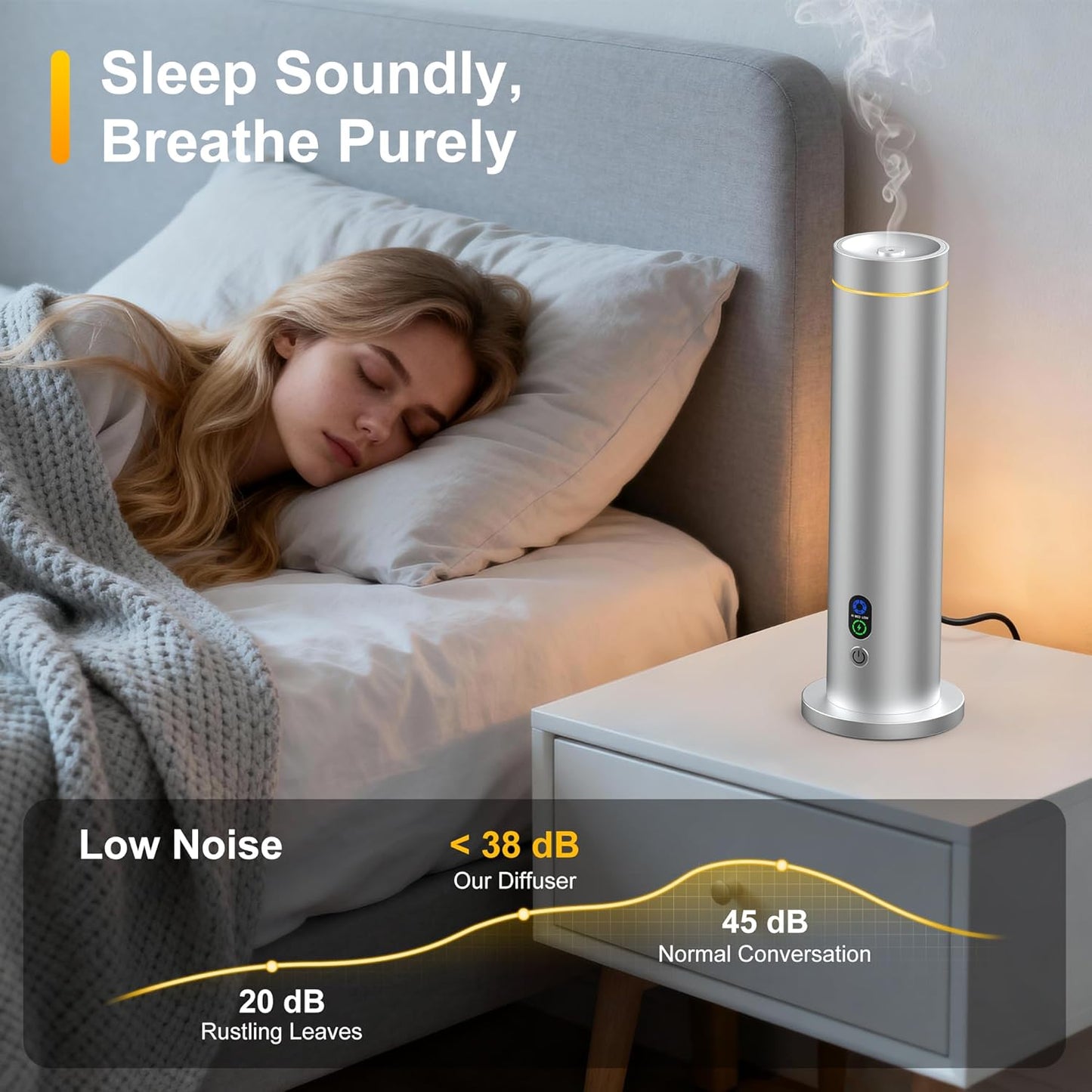 Maromalife Waterless Diffuser, 1000 Sq.Ft Coverage, Essential Oil Diffuser with Tilt-Safe, Remote Control, Adjustable Mist, Mood Lights Aromatherapy Diffuser for Home, Room, Office, Hotel, Silver