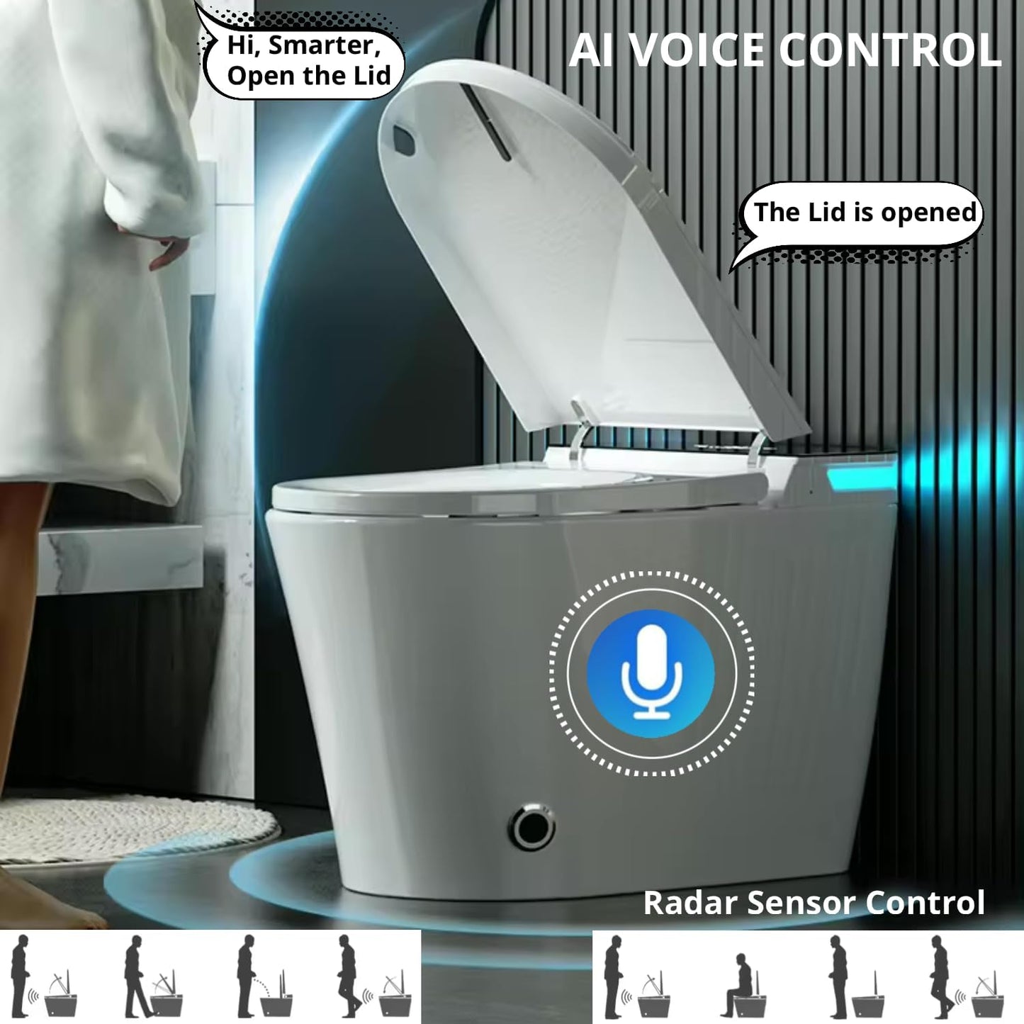 Electric Bidet Smart Toilet, Voice Control, Auto Open/Close Lid & Seat with Radar and Foot Sensor, Auto Flushing, 6 Modes Warm Water Wash, Dryer, Heated Seat, 20-year warranty. (TD-769EV)