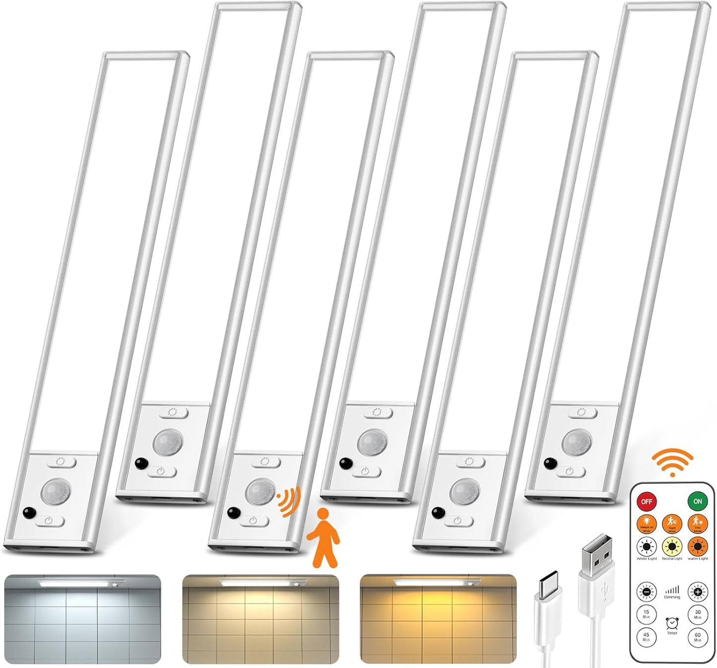 Under Cabinet Lighting with Remote Control,USB Rechargeable 180 Lumen Motion Sensor Light Indoor,Magnetic Wireless Under Counter Light,3 Color Dimmable Closet Lights for Kitchen, Pantry, Stair, 6 Pack