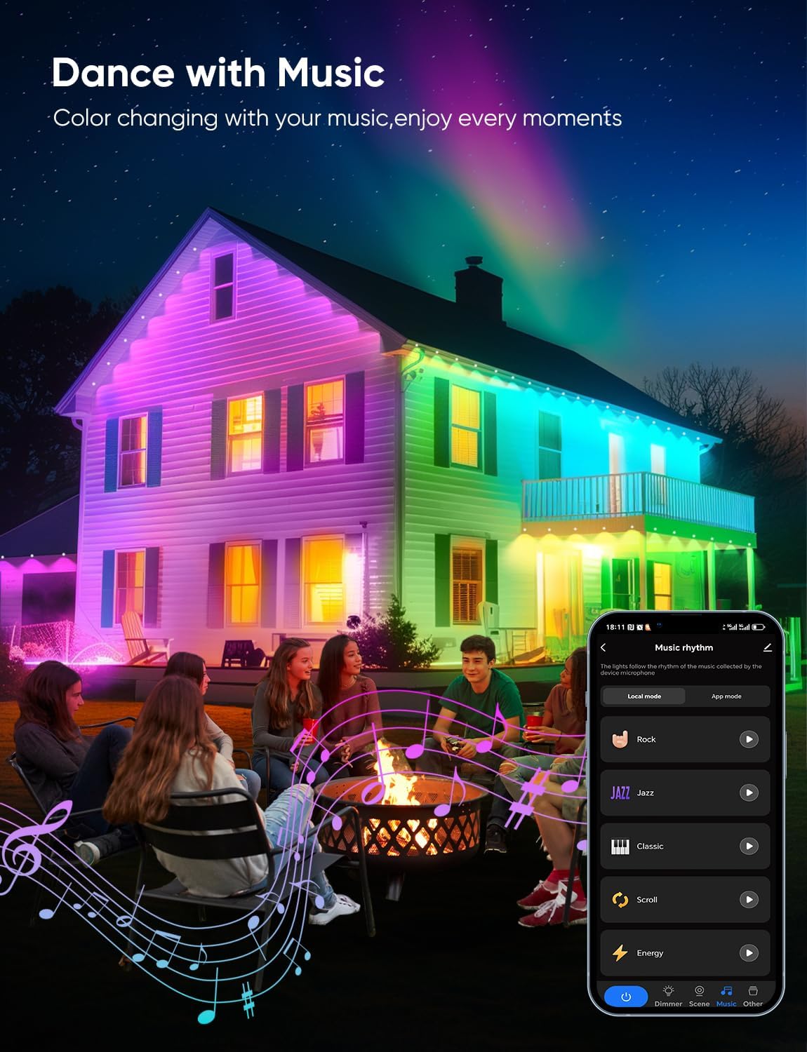 Permanent Outdoor Lights 50ft,RGBW Eaves Light with 36 LED Lights,111+ Scenes Modes Outdoor Lighting, Waterproof Permanent Light for Daily Holiday Halloween Decorations, Compatible with Alexa,Black