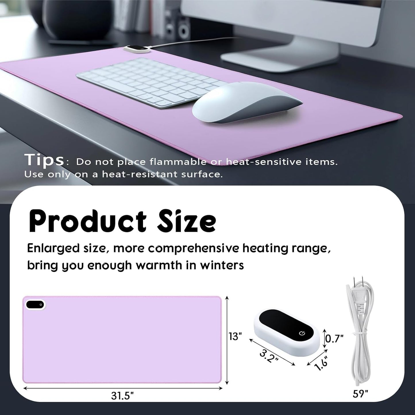 Konohan Heated Large Desk Mat PU Leather Warm Mouse Pad with 5 Heating Level & 4 Hour Auto Shut-Off Heating Keyboard Pad Warmer Gaming Mice Mat Only Supports 110v(Purple Color,31.5" X 13")