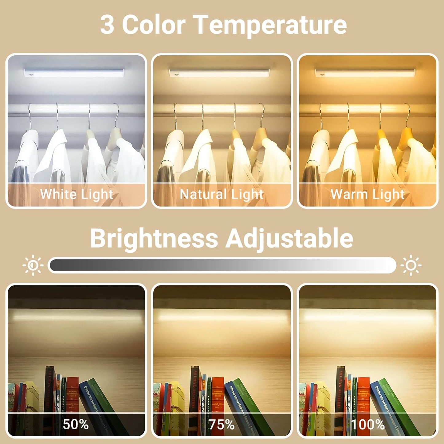 Under Cabinet Lights, Motion Sensor Magnetic LED Light, 8 inch 1000mAh Rechargeable Battery Dimmable Lights with 3 Color Temps, Indoor Wireless Lighting for Kitchen, Closet, Pantry, Counter, 4 Pack