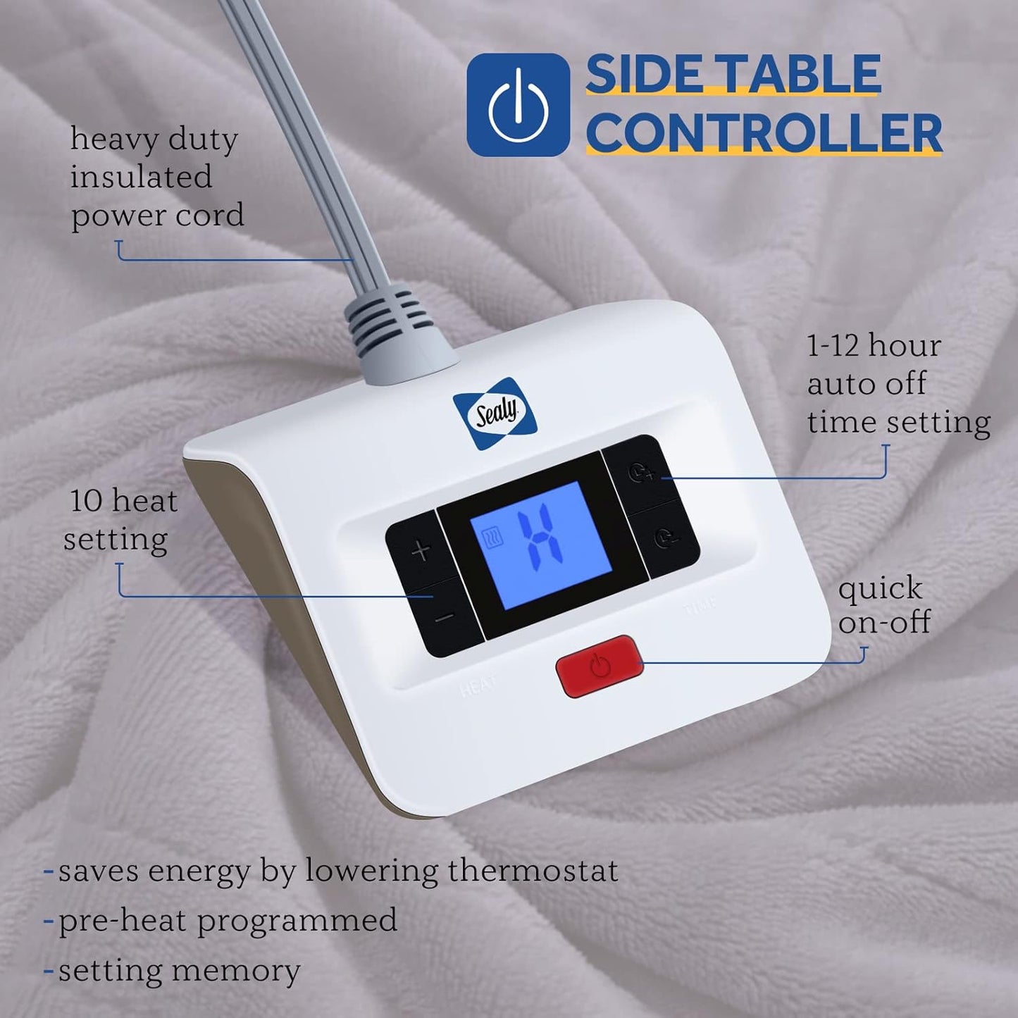 Sealy Heated Electric Blanket Twin Size, Flannel Electric Blanket with 10 Heating Levels & 1-12 Hours Auto Shut Off, Fast Heating Warming Blanket, Machine Washable, Grey, 62 x 84 Inch
