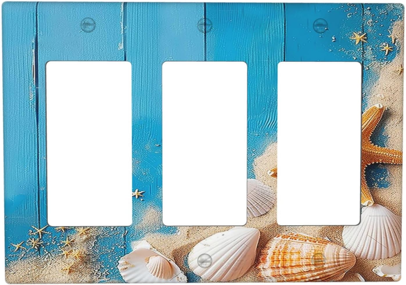 Light Switch Covers Blue Wood Grain Beach Shell Starfish 3 Gang Rocker Electrical GFCI Decorative Triple Outlet Wall Plate Cover Switchplate for Bathroom Farmhouse Decor
