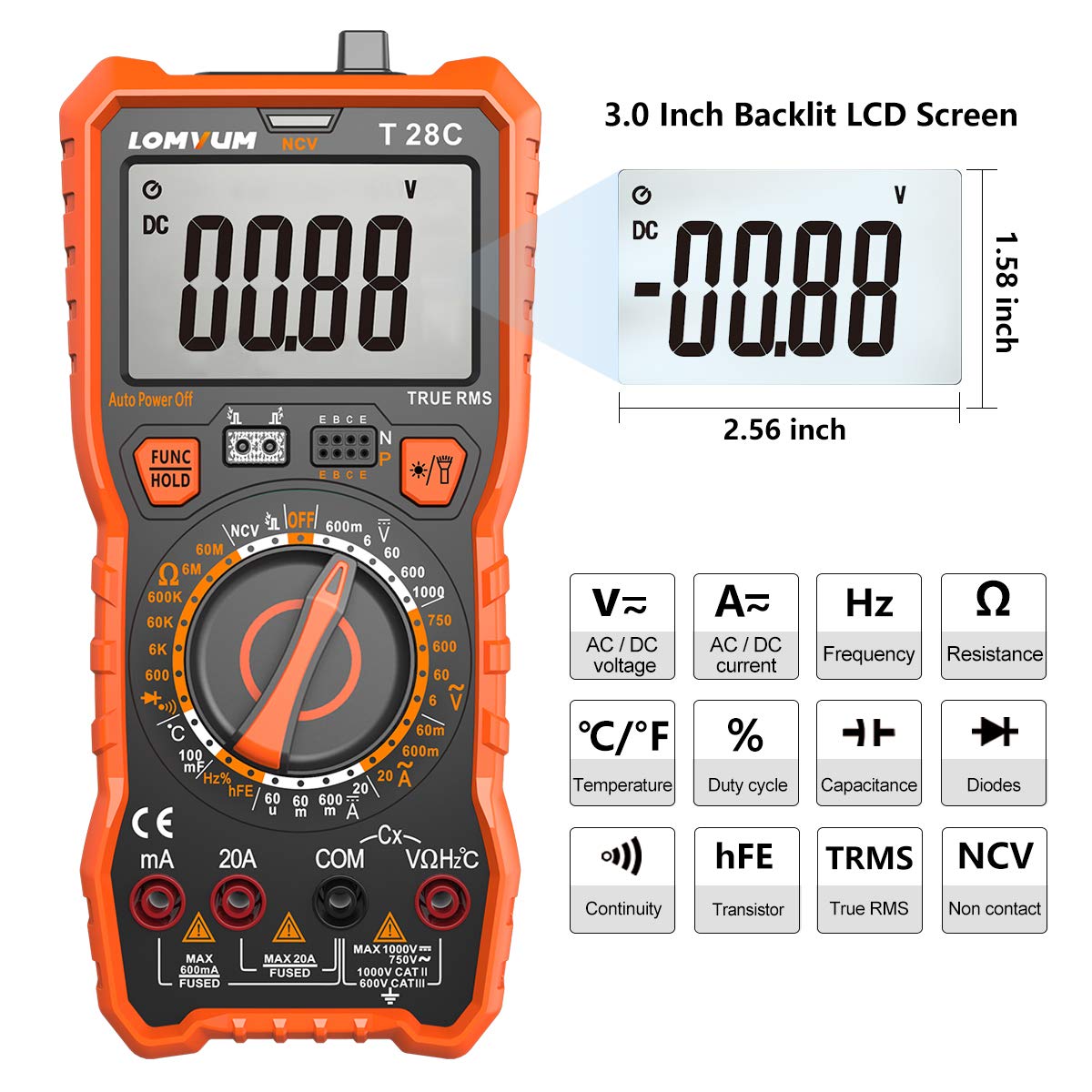 Lomvum Digital Multimeter 6000 Counts TRMS Auto-Ranging Portable Multimeter with AC DC Voltmeter and Ohmmeter Tester，Measures Voltage Current Capacitance Resistance Temperature Frequency Diode (T6)