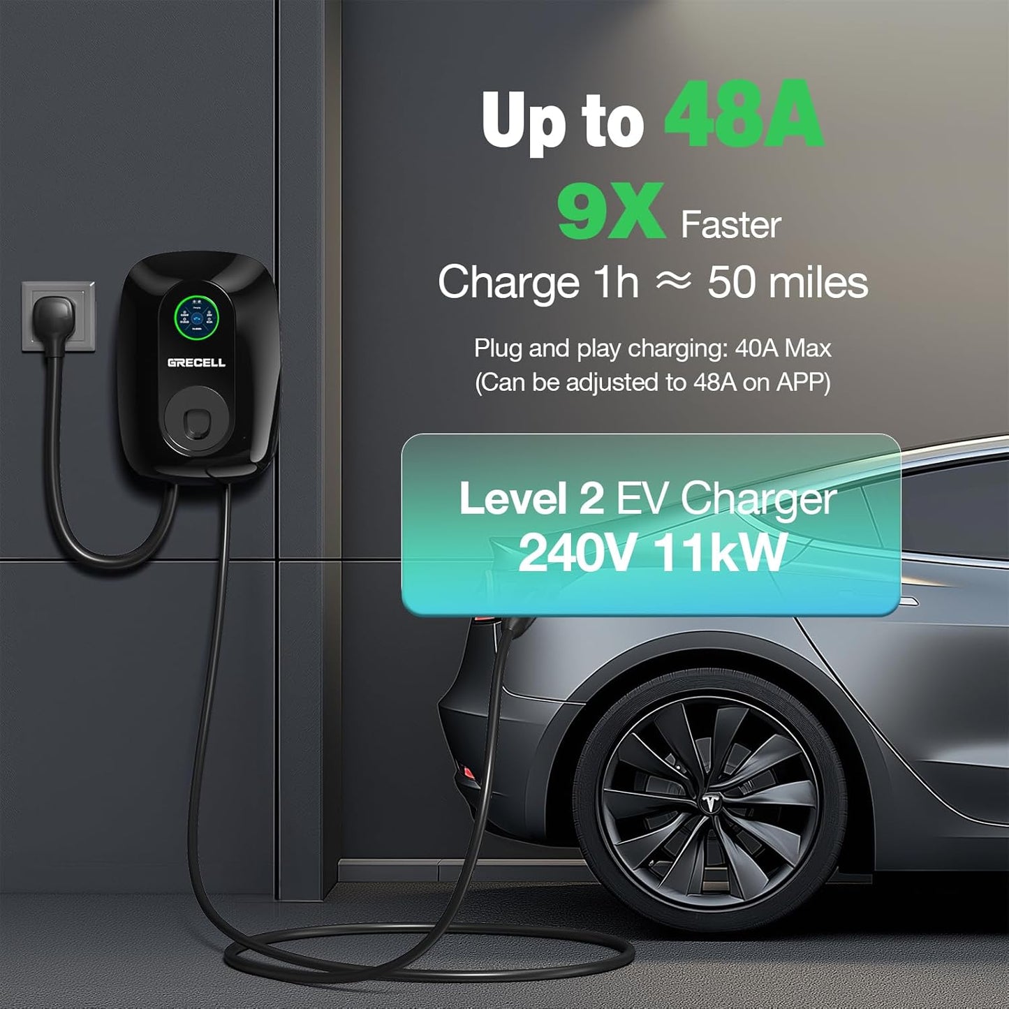 GRECELL Wall Charger for Tesla, ETL Certified 240V 48A Level 2 EV Charger for Tesla, NEMA 14-50 Home Charging Station, Bluetooth & WiFi Enabled Wall Chargers, Electric Vehicle Charge with 24.6' Cable