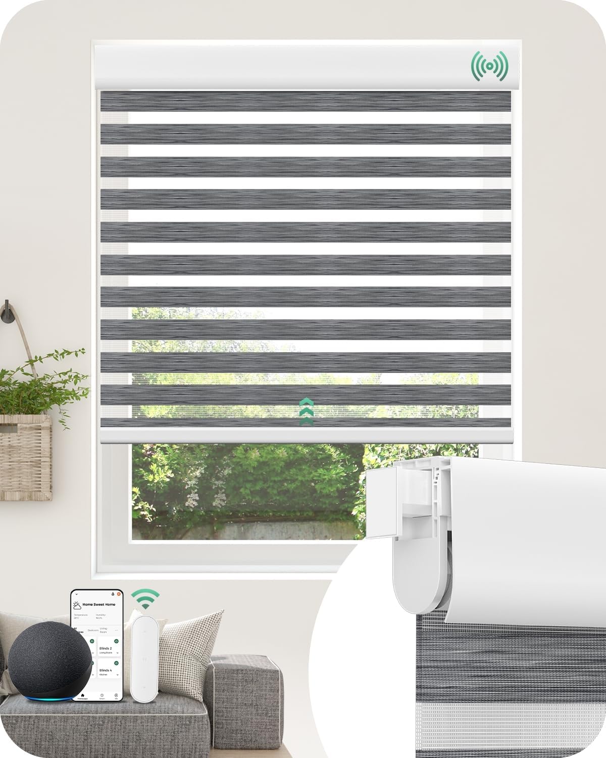 Allesin No Drill Motorized Zebra Blinds – Rechargeable Smart Dual Layer Shades with Cassette Cover, Ultra-Quiet Motor, Automatic Blind with Remote for Indoor Windows (Rock Gray 28" W x 72" H)